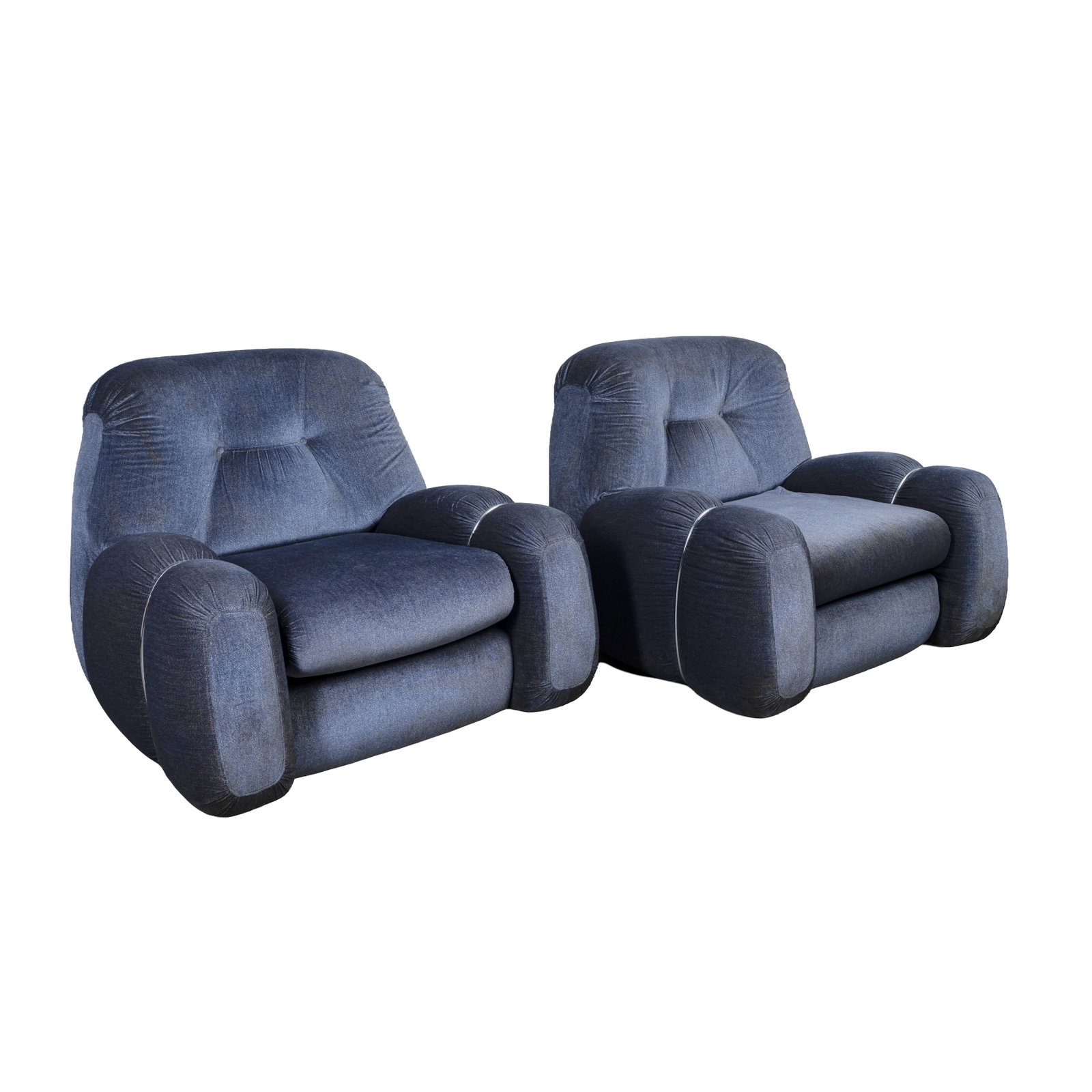Agostino Lescai (Italian, 20th Century) for Bedding Brevetti, Italy Pair of Armchairs: Agostino Lescai (Italian, 20th Century) for Bedding Brevetti, Italy Pair of Armchairs Circa 1970s Blue velvet upholstery Applied makers label to underside 85cm high x 103cm wide x 94cm deep