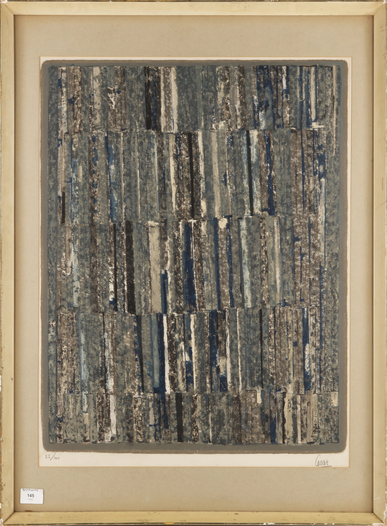 § César Baldaccini (French, 1921-1998) Composition: Collage: § César Baldaccini (French, 1921-1998) Composition: Collage 1961 signed and numbered 22/100 in pencil lithograph on wove framed ARR Dimensions:image 68 x 52cm