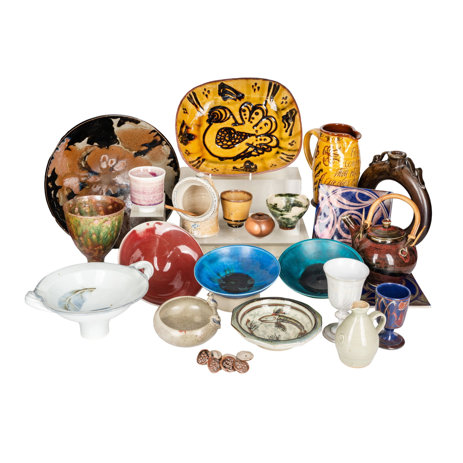 Various studio pottery Mary Wondrausch, Toff Milway, Christine Gittins, Colin Kellam, Caiger-Smith,: Various studio pottery Mary Wondrausch, Toff Milway, Christine Gittins, Colin Kellam, Caiger-Smith, and others Including a Mary Wondrausch slipware jug, 17cm high, a Toff Milway saltglazed salt pig, 1