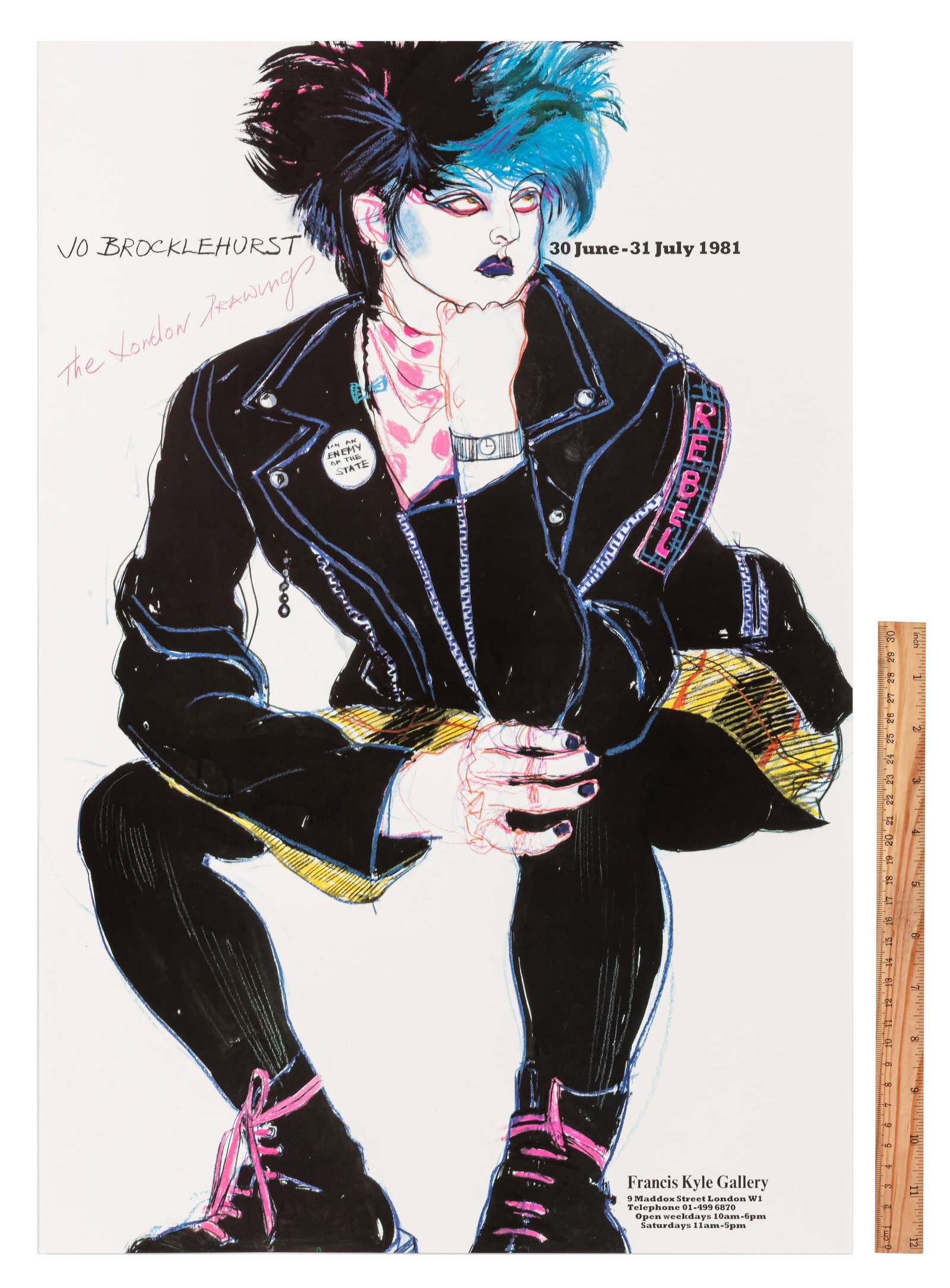 Jo Brocklehurst at Kyle Gallery London Exhibition poster: Jo Brocklehurst at Kyle Gallery London Exhibition poster 1981 lithograph in colours on wove unframed Dimensions:84cm high x 59.5cm