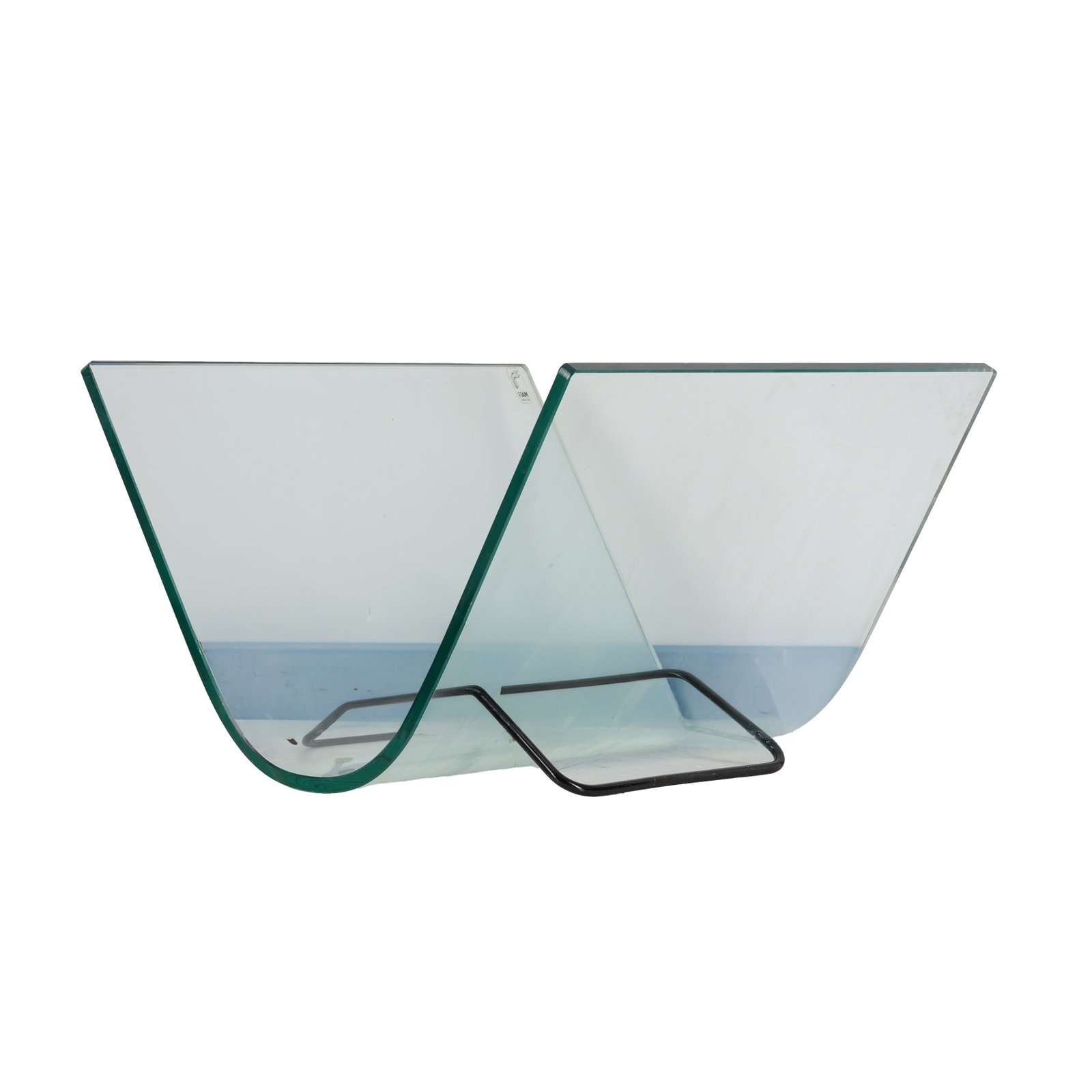 Fiam, Italy Magazine rack: Fiam, Italy Magazine rack Circa 2000s Glass, chromed metal Applied makers label 24cm high x 40cm wide x 40cm deep