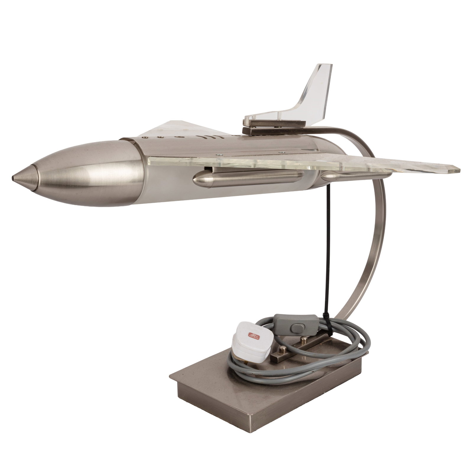Late 20th Century, American Jet Plane Table Lamp: Late 20th Century, American Jet Plane Table Lamp Circa 1990s Brushed steel, lucite Unmarked Dimensions:40cm high