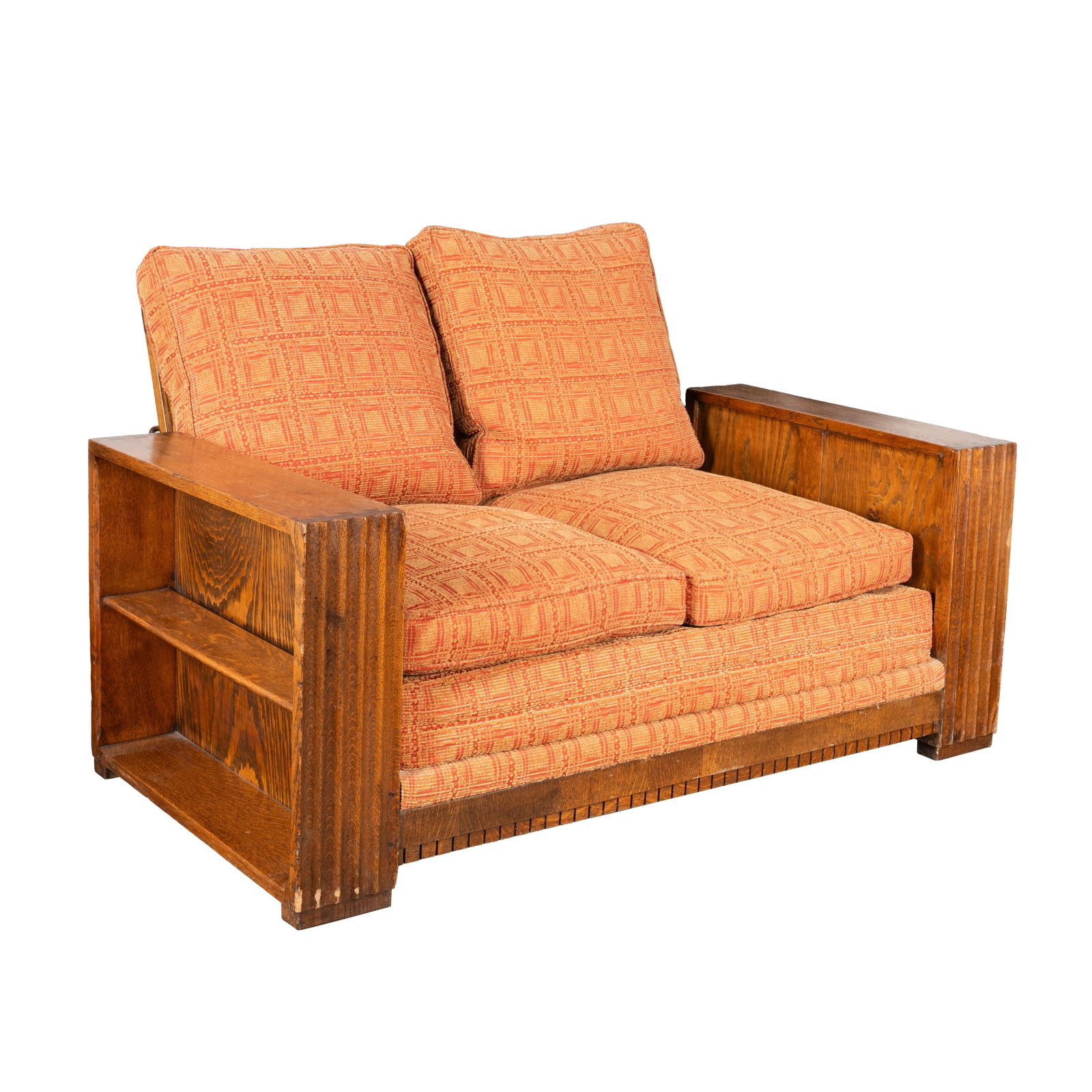 Heal's, manufactured by Skull Furniture of High Wycombe 'Library' sofa: Heal's, manufactured by Skull Furniture of High Wycombe 'Library' sofa Circa 1920s Oak, upholstery Unmarked 70cm high x 130cm wide x 93cm deep