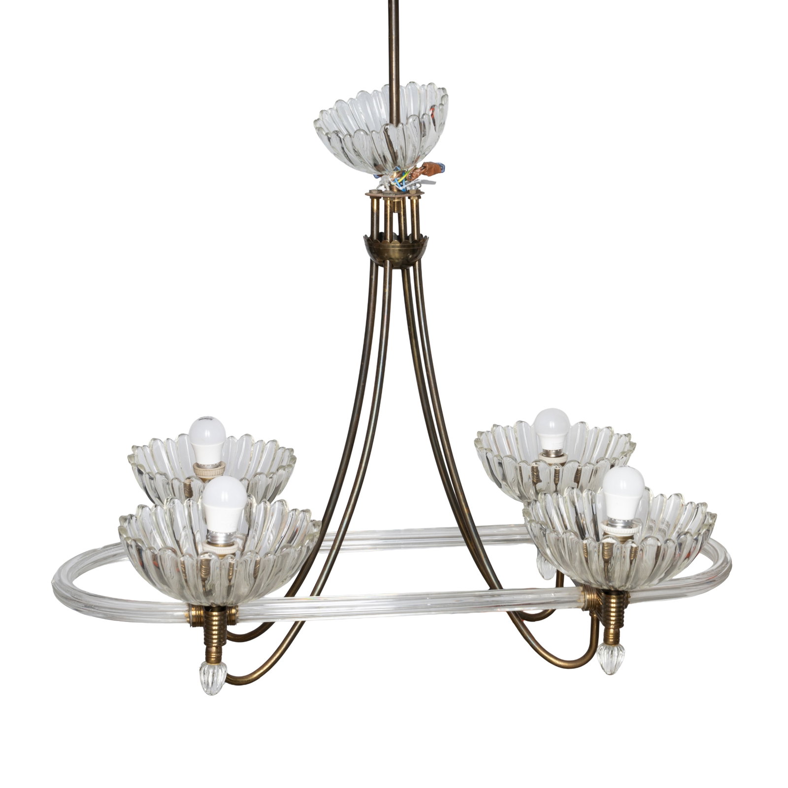 Venini, Italy Four cup chandelier: Venini, Italy Four cup chandelier 1950s Murano clear glass, brass fixtures 106cm drop x 75cm wide x 54cm deep Preview: By Appointment Provenance: From a private Italian collection
