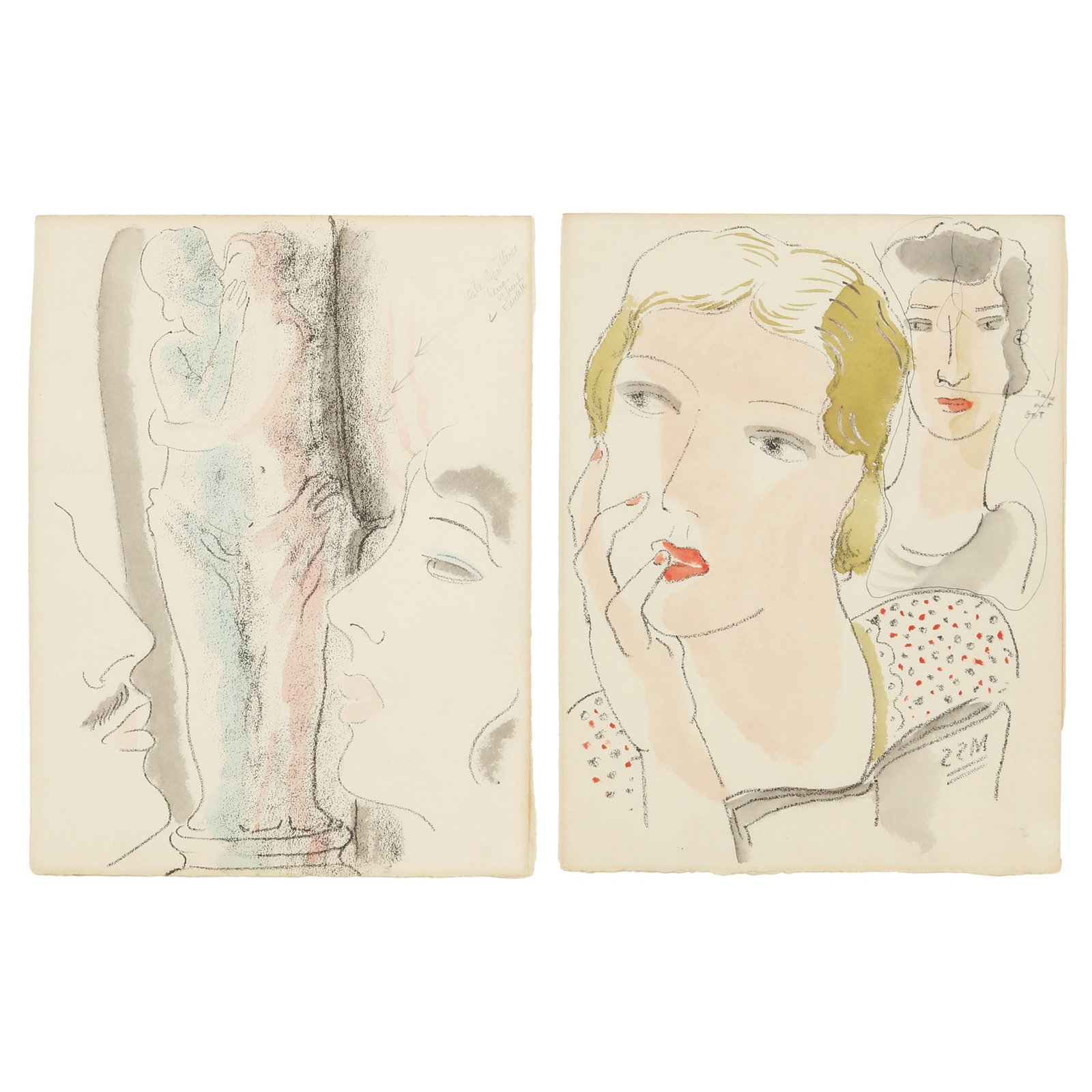 § Edward McKnight Kauffer (American, 1890-1954) Study for Arnold Bennett's Venus Rising from th: § Edward McKnight Kauffer (American, 1890-1954) Study for Arnold Bennett's Venus Rising from the Sea 1 & 2 ca.1930 with annotations in pencil two hand coloured lithographs on wove framed ARR
