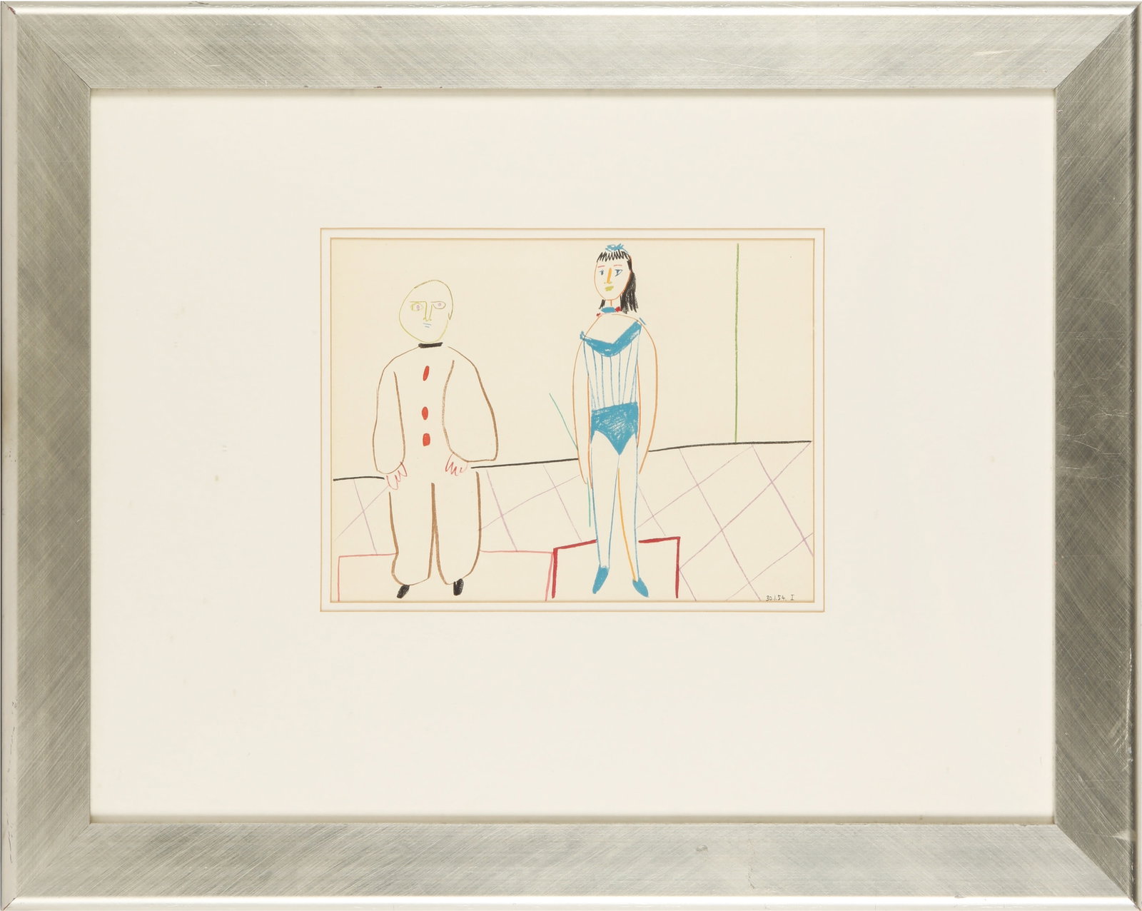 § After Pablo Picasso (Spanish, 1881-1973) Clown and Acrobat: § After Pablo Picasso (Spanish, 1881-1973) Clown and Acrobat 1954 lithograph in colours on wove printed by Mourlot, published in Verve Vol, VIII, no 29/30 Picasso and the Human Comedy framed ARR