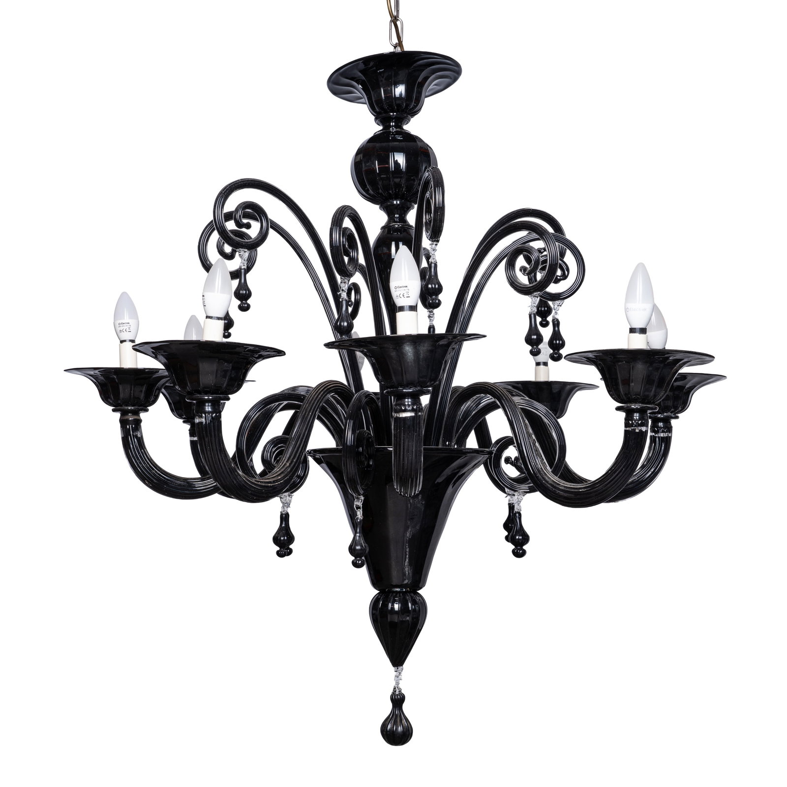 Attributed to Napoleone Martinuzzi (Italian, 1892-1977) for Venini Chandelier: Attributed to Napoleone Martinuzzi (Italian, 1892-1977) for Venini Chandelier Originally designed 1920s, this model later Black Murano glass Approx 100cm drop x 98cm wide 210cm (with chain)