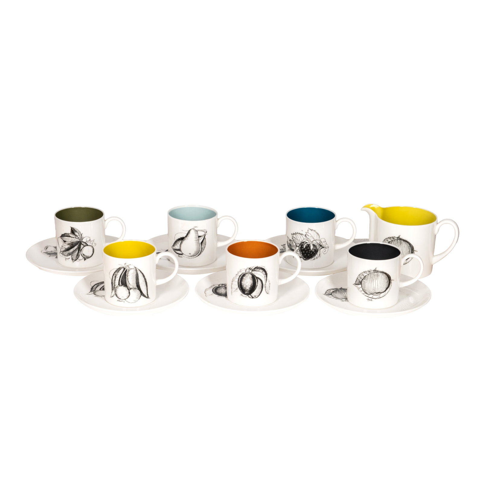 Susie Cooper (British, 1902-1995) 'Black Fruit' Pattern Tea Set: Susie Cooper (British, 1902-1995) 'Black Fruit' Pattern Tea Set To include 6 teacups and saucers and a milk jug Ceramic Printed factory marks to underside Teacups: 6.5cm high x 6.5cm diameter Saucers: