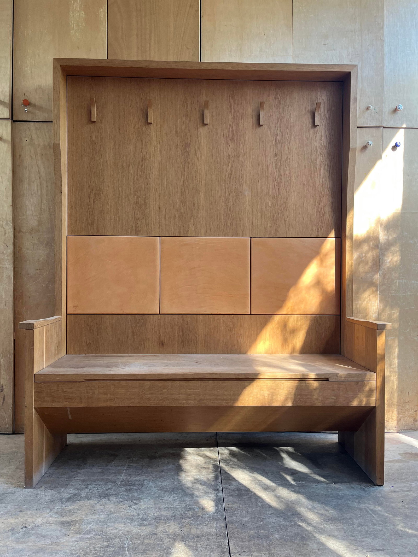 Modernist, Britain Hall stand with incorporated bench: Modernist, Britain Hall stand with incorporated bench 2000s Oak, leather 180cm high x 145cm wide x 45cm deep