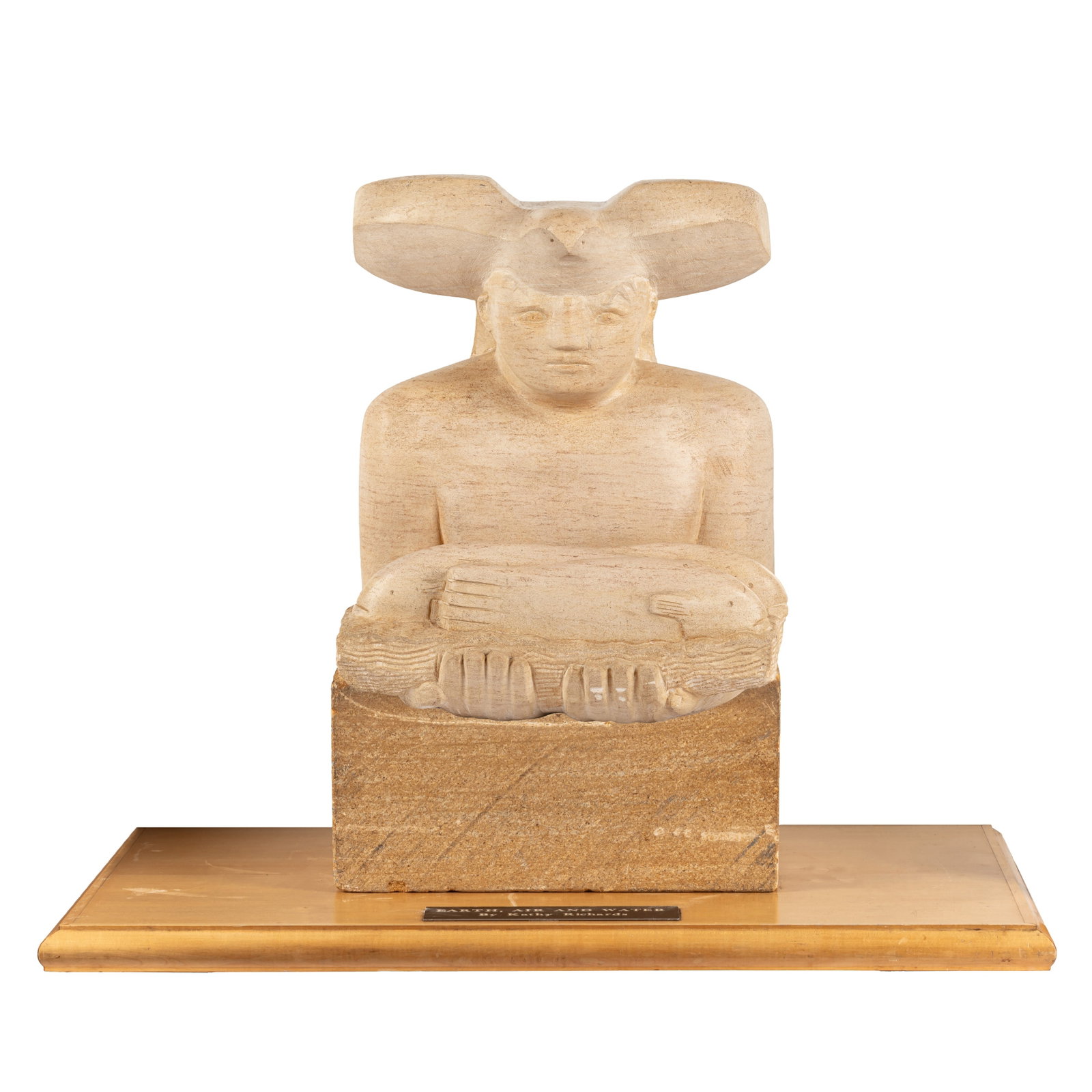 § Kathy Richards (British, 20th Century) Earth, Air and Water: § Kathy Richards (British, 20th Century) Earth, Air and Water stone on a separate wooden base Dimensions:42 cm. (16 1/2 in.) high (excluding the base)