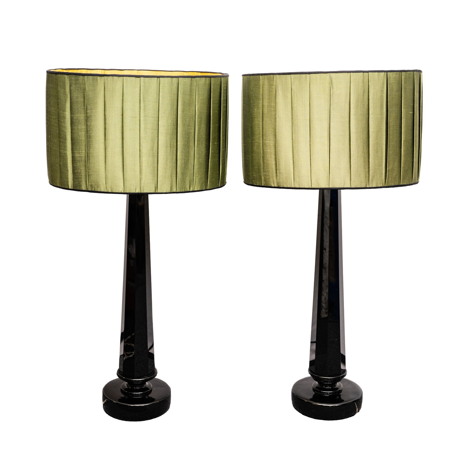 Archimede Seguso (Italian 1909-1999) Pair of black glass table lamps: Archimede Seguso (Italian 1909-1999) Pair of black glass table lamps 1960s Black murano glass, silk shades Signed Seguso to underside 93.5cm high (inc shade) Preview: By Appointment