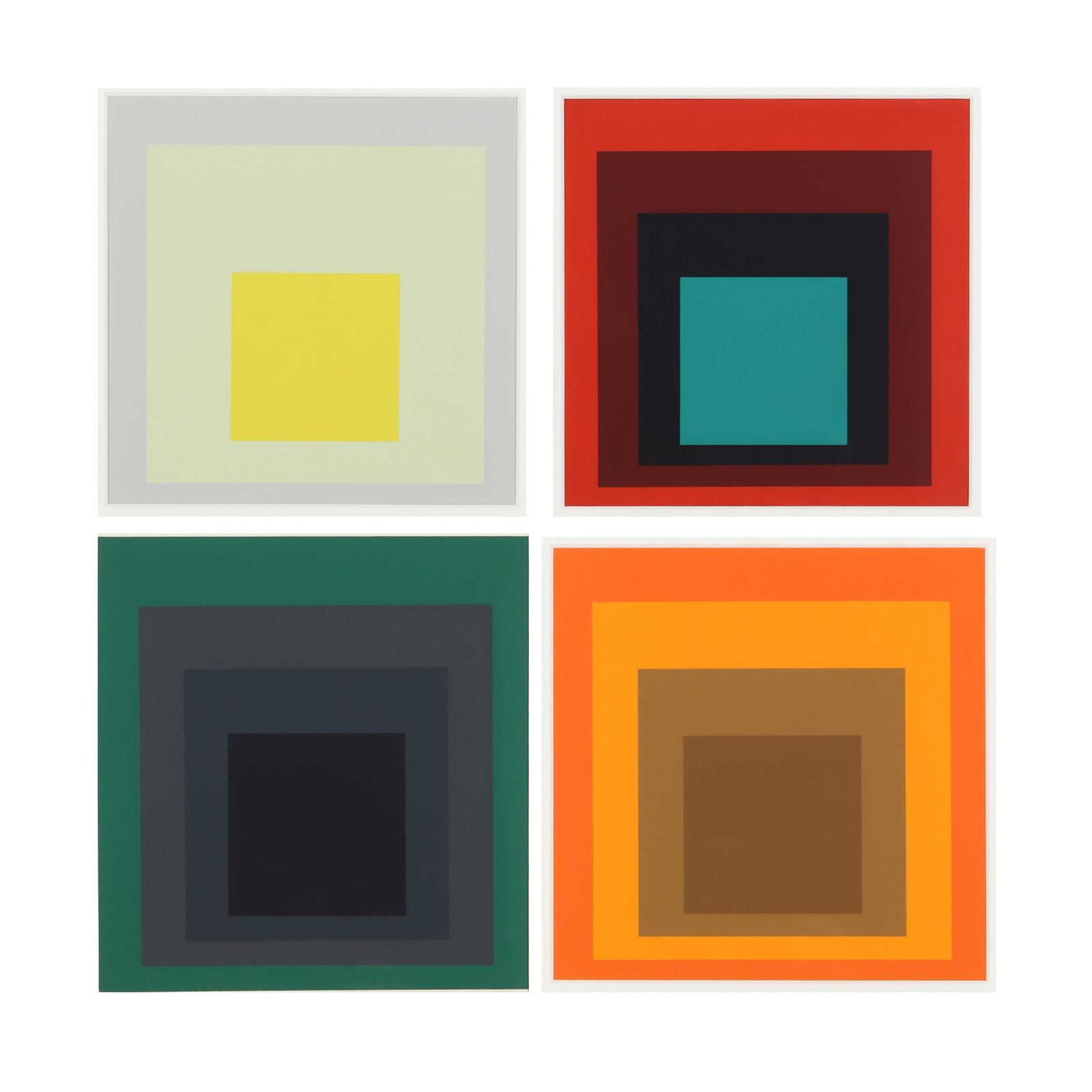 § After Josef Albers (German, 1888-1976) Homage to the Square: § After Josef Albers (German, 1888-1976) Homage to the Square 1983 four screenprint bookplates in colours on wove printed by Mankopf-Siedbruck GmbH, published by Statd Bottrop, Germany framed