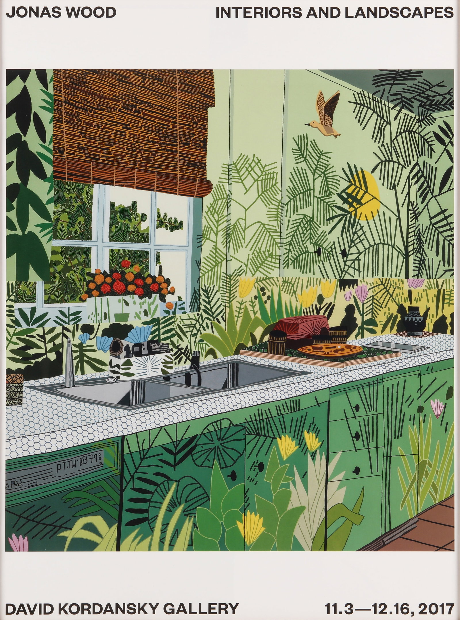 Jonas Wood (American, b.1977) Interiors and Landscapes: Jonas Wood (American, b.1977) Interiors and Landscapes 2017 printed inscription verso digitally printed poster in colours on smooth wove published by David Kordansky Gallery, Los Angeles framed