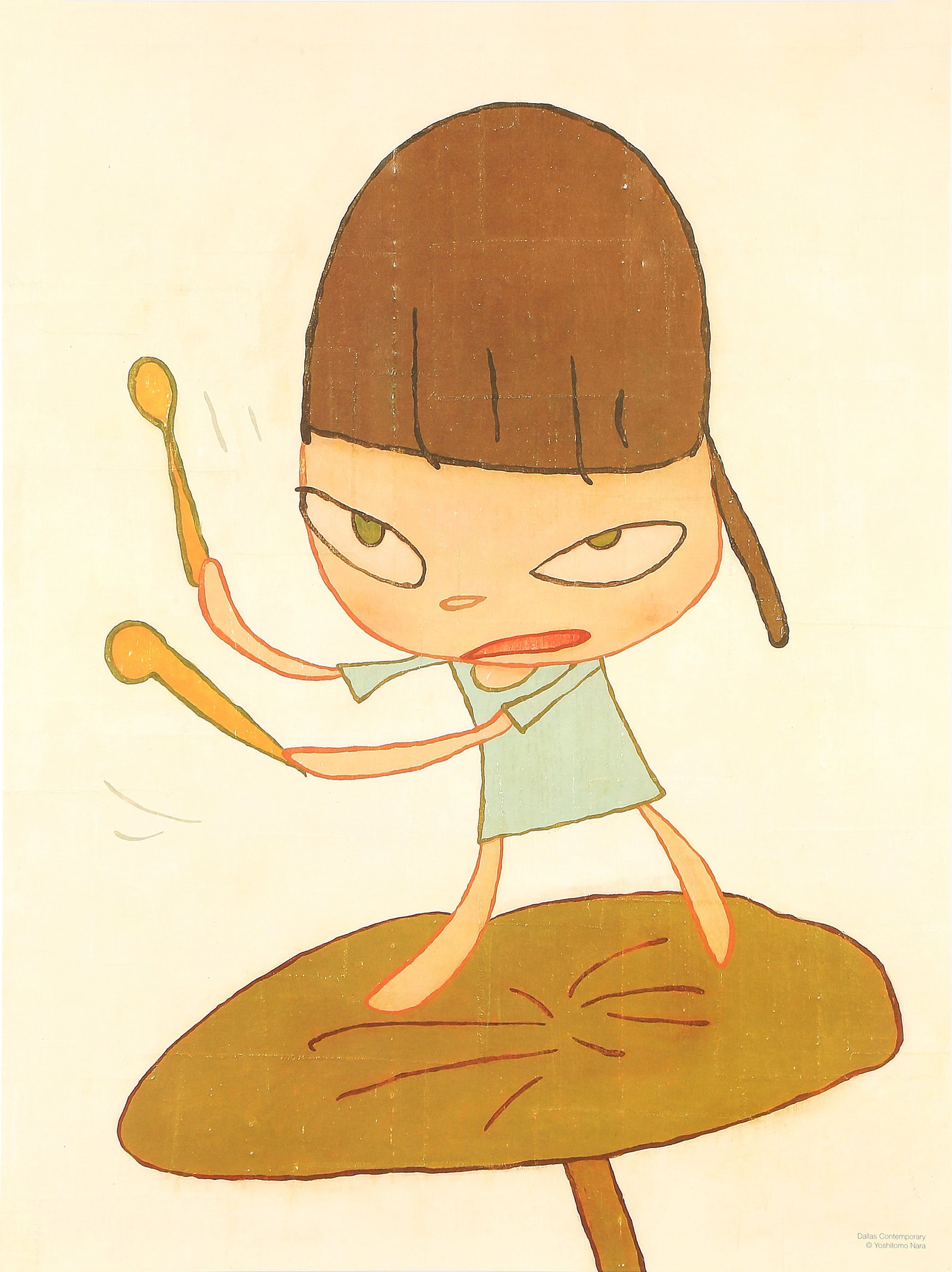 Yoshimoto Nara (Japanese, b.1959) Marching on a Butterbur Leaf: Yoshimoto Nara (Japanese, b.1959) Marching on a Butterbur Leaf 2019 offset lithographic poster in colours on wove published by Dallas Contemporary unframed Dimensions:sheet 61 x 45.5cm