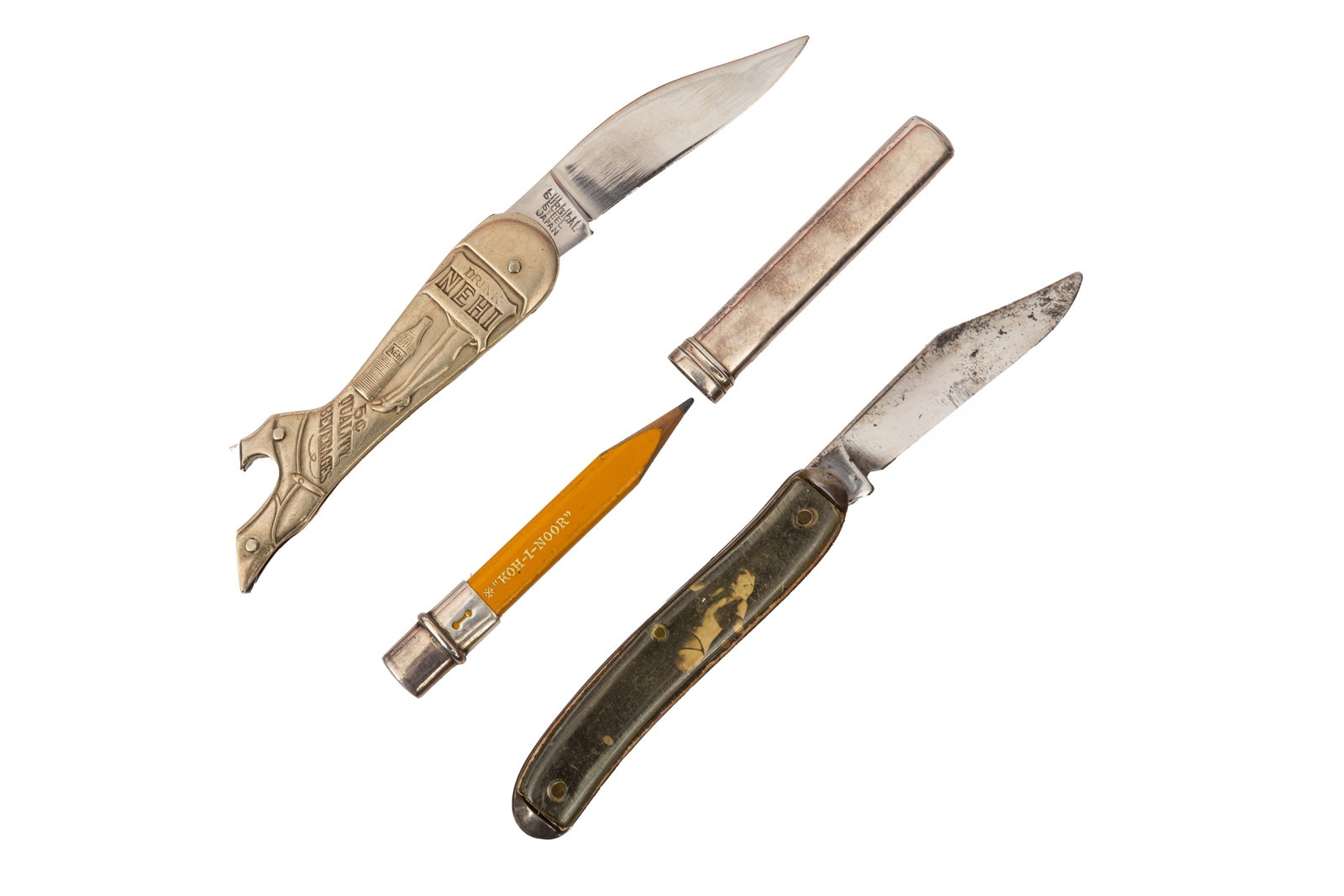 Art Deco, Europe Group of Pen Knives: Art Deco, Europe Group of Pen Knives To include a Nehi soda 'Lady's leg' pen knife; a black pen knife; and a pencil holder. Metal (3)