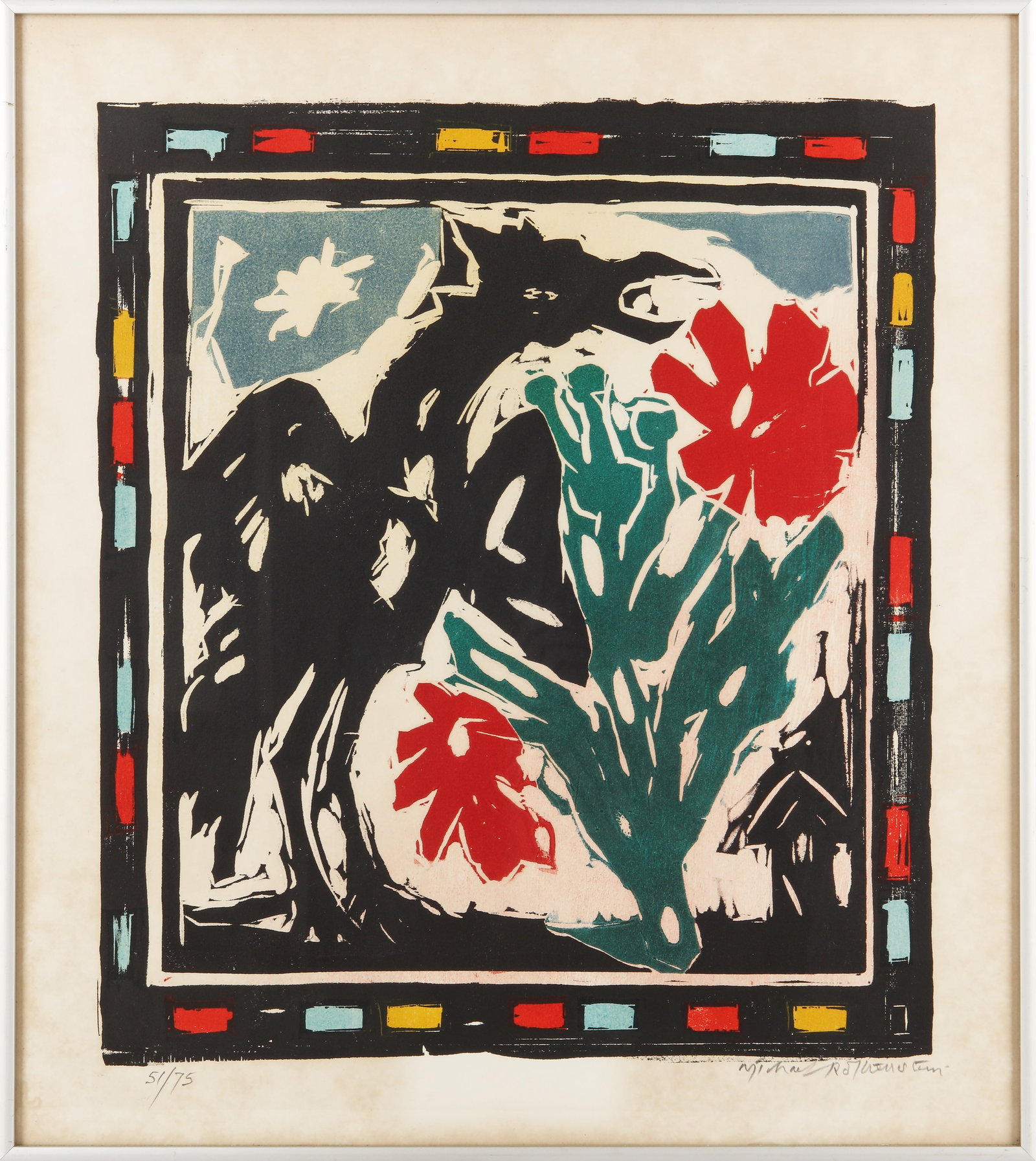 § Michael Rothenstein R.A. (British, 1908-1993) Red Flowers: § Michael Rothenstein R.A. (British, 1908-1993) Red Flowers 1987 signed and numbered 51/75 in pencil woodcut in colours on wove framed ARR Dimensions:image 47.5 x 41.3cm