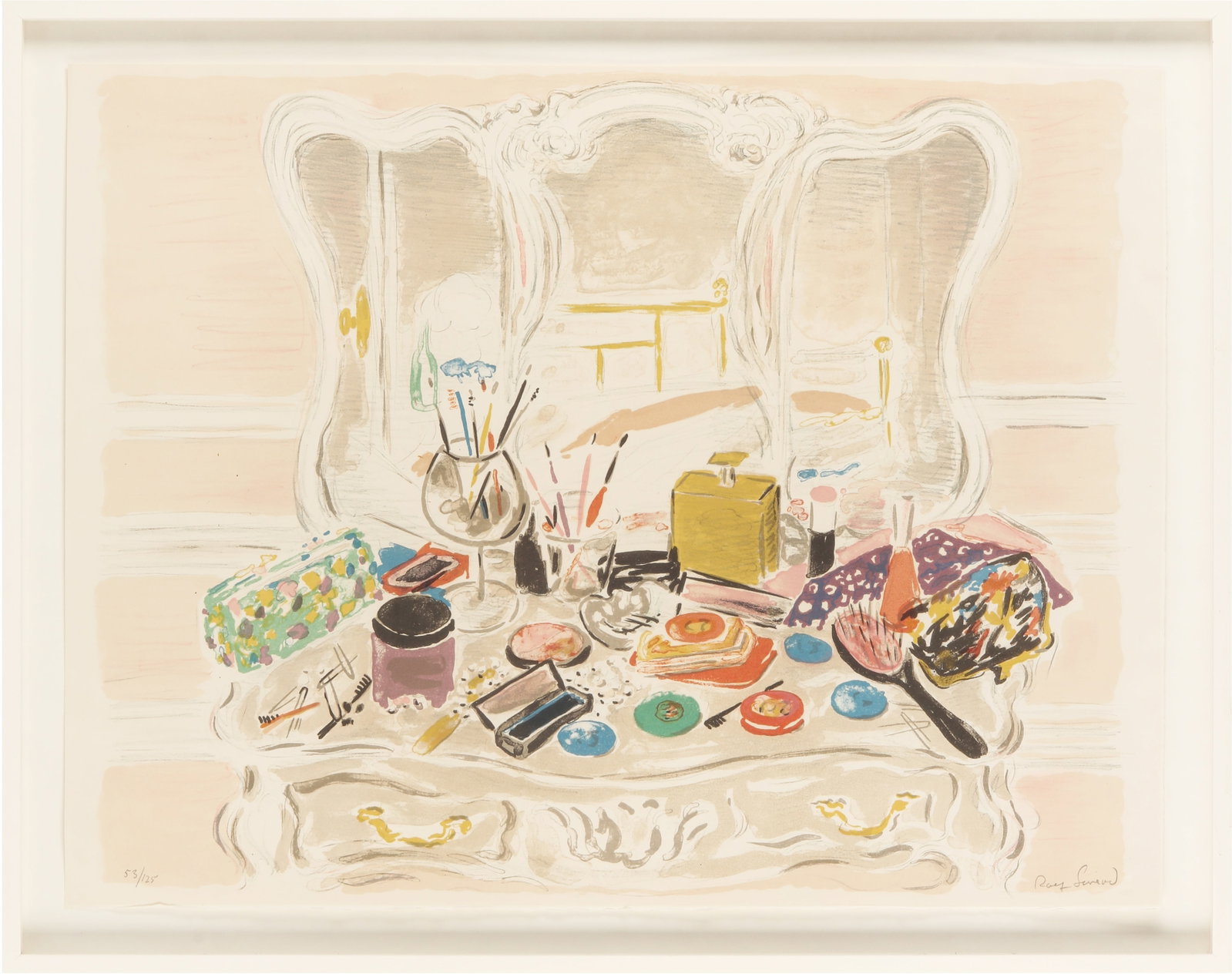 § Rolf Gerrard (German, 1909-2011) Untitled (Dressing Table): § Rolf Gerrard (German, 1909-2011) Untitled (Dressing Table) signed and numbered 53/125 in pencil lithograph in colours on wove published by Fernand Mourlot, Paris framed ARR Dimensions:sheet 50