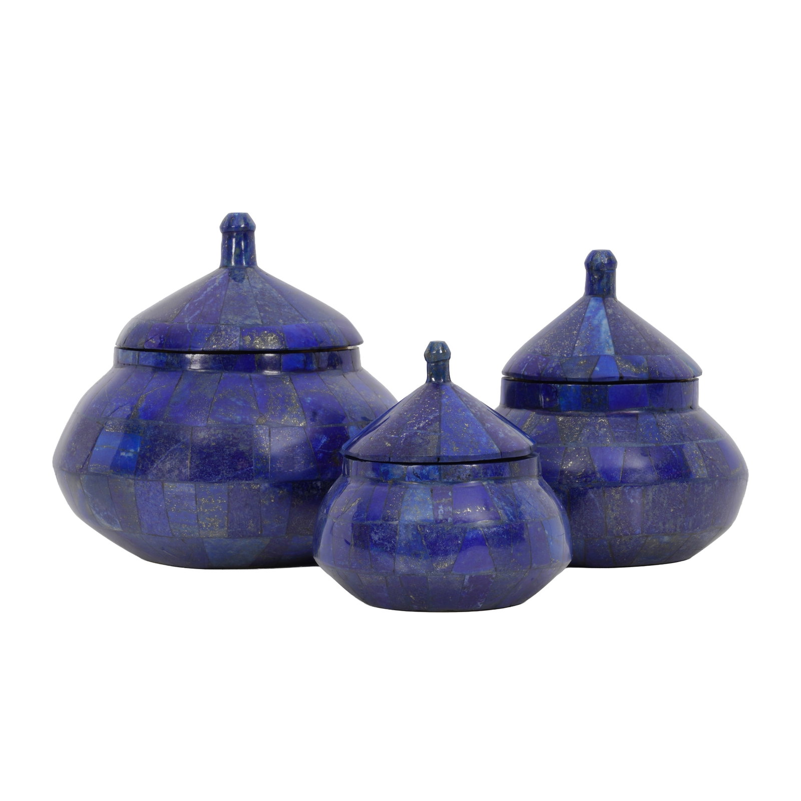 A Graduated set of three Lapis Lazuli bowls with covers: A Graduated set of three Lapis Lazuli bowls with covers 20th / 21st Century Lapis Lazuli, polished brass Largest 13cm high x 14cm wide