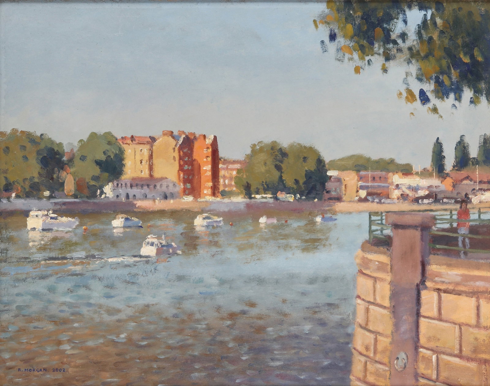 § Ronald Morgan (British, 1936-2019) July Afternoon Putney 2002: § Ronald Morgan (British, 1936-2019) July Afternoon Putney 2002 signed and dated 'R. MORGAN 2002' (lower left) oil on board Dimensions:Unframed: 38.5 x 48.2 cm. (15 1/8 x 19 in.) Framed: 53 x 63 