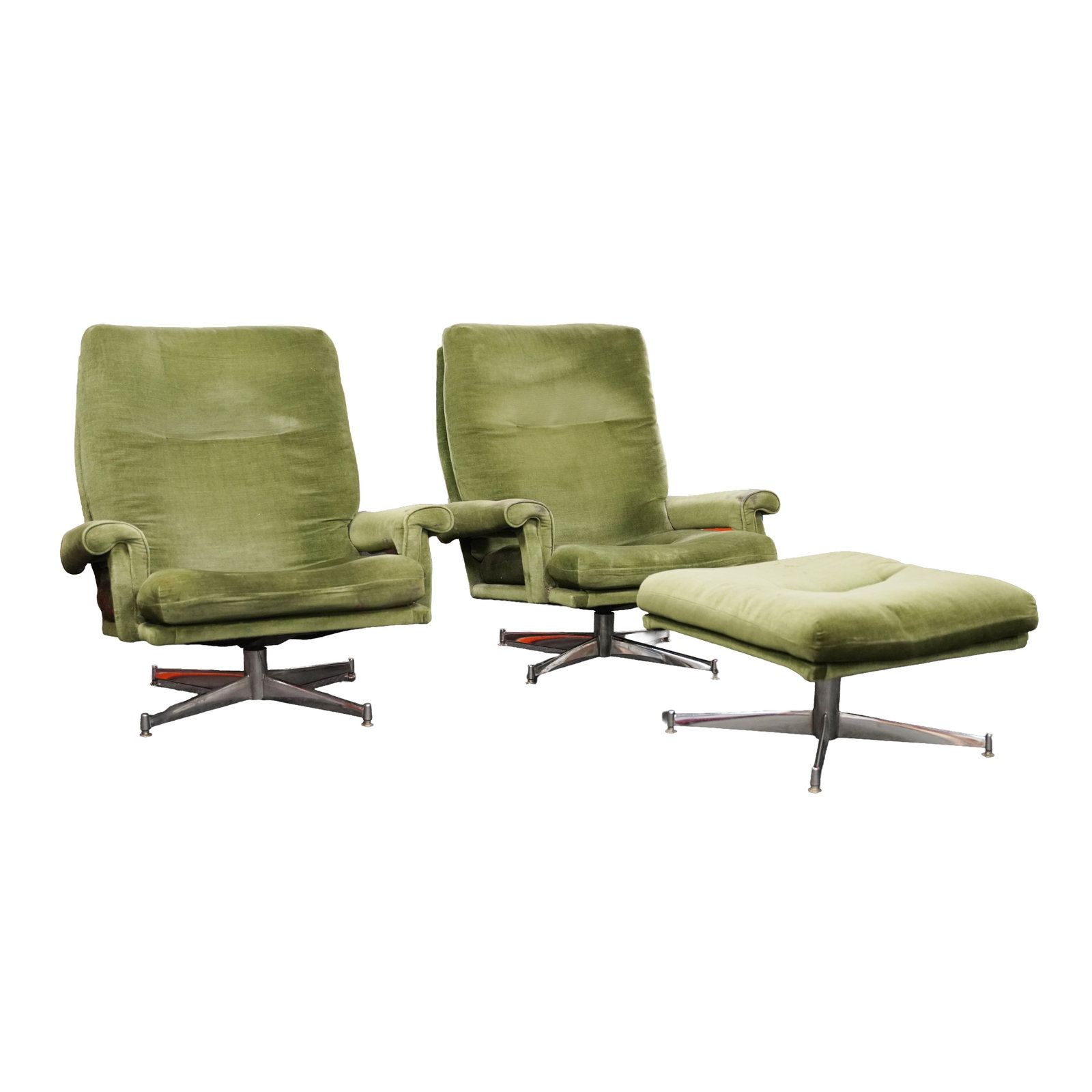 Mid Century, Britain Pair of Easy armchairs with ottoman: Mid Century, Britain Pair of Easy armchairs with ottoman Mid Century In olive velvet upholstery Chairs 89cm high x 84cm wide x 67cm deep