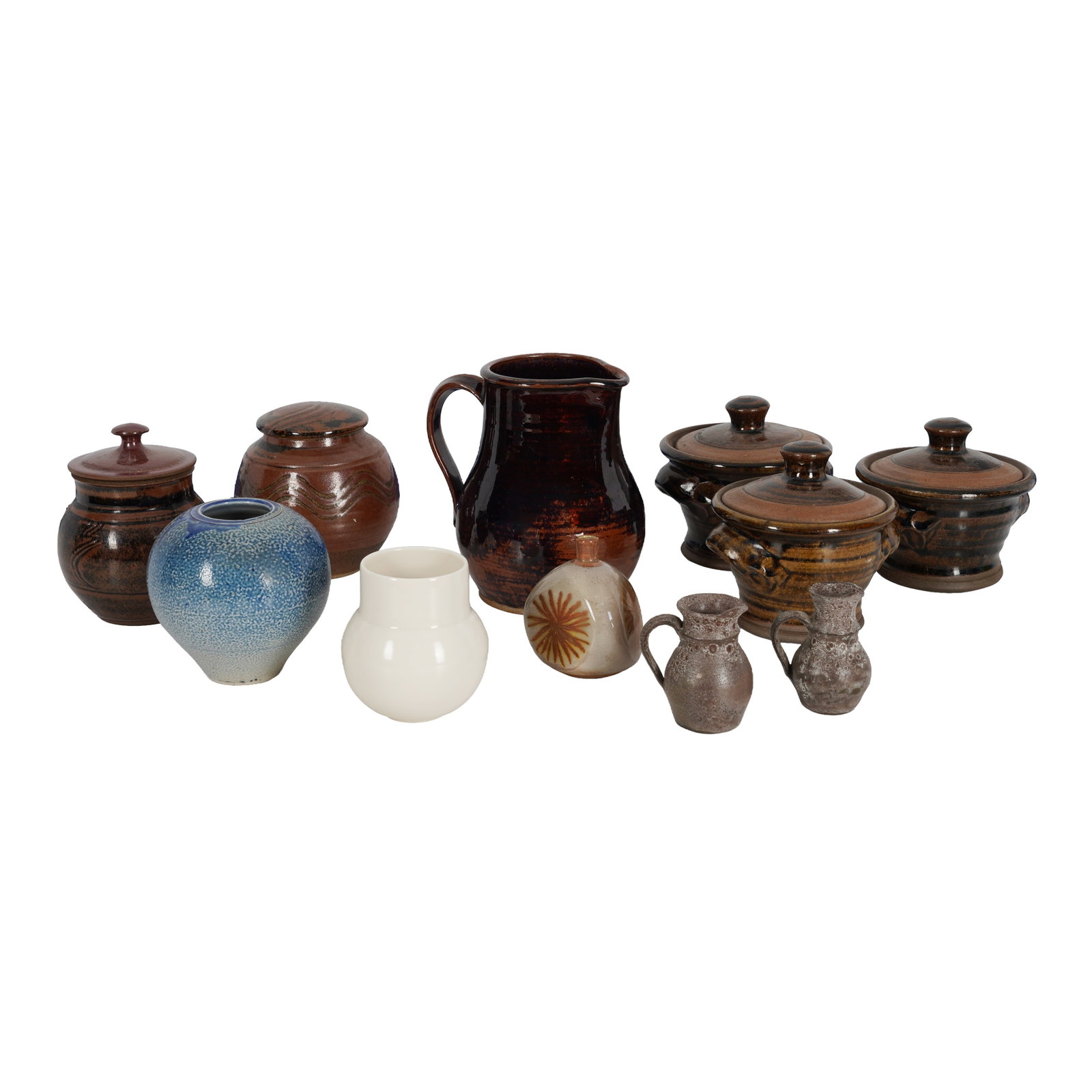 Studio ceramics Collection of tenmoku glazed stoneware pottery and other ceramics: Studio ceramics Collection of tenmoku glazed stoneware pottery and other ceramics Including a jug, 16.7cm high, a set of three matching twin-handled pots with covers, each 13cm high, two further cover