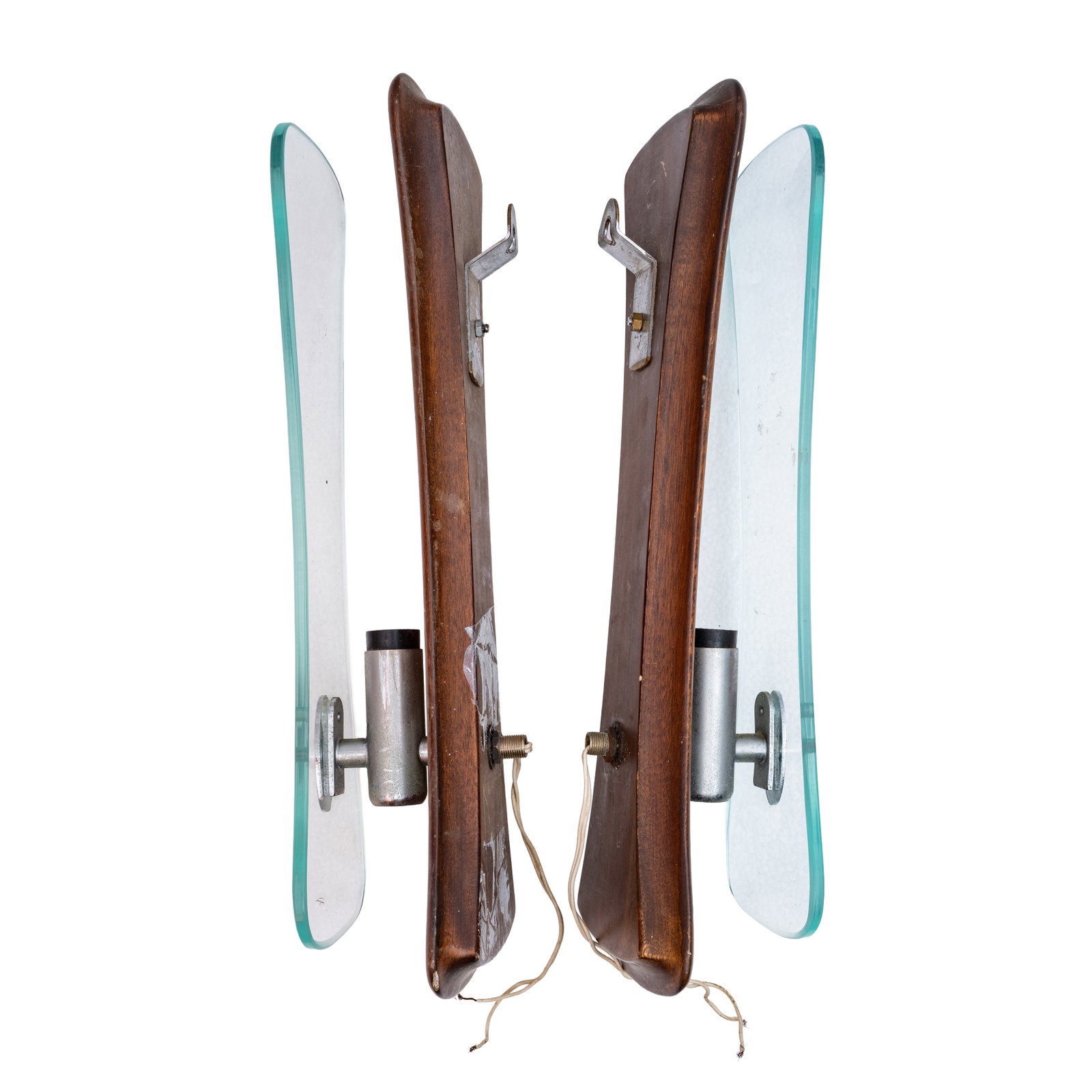 Mid Century, Italy Pair of wall lights: Mid Century, Italy Pair of wall lights Circa 1950s Walnut, glass 35cm high