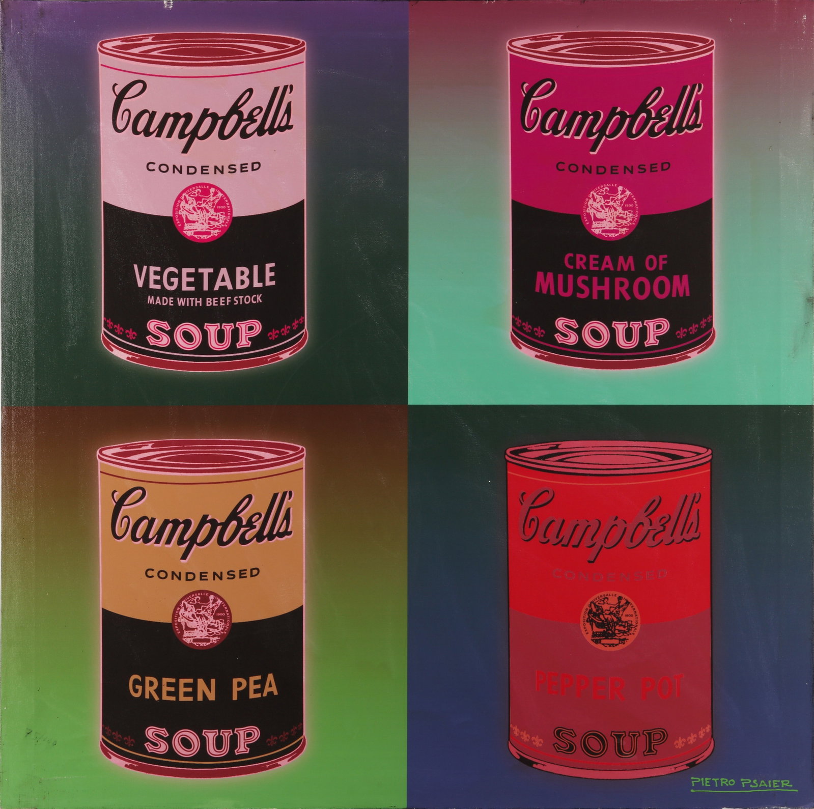 § Pietro Psaier (Italian, 1936-2004) Four Way Soup: § Pietro Psaier (Italian, 1936-2004) Four Way Soup 2004 signed and numbered 75/100 recto and verso mixed media print in colours on canvas published by Studio Psaier, Los Angeles unframed ARR
