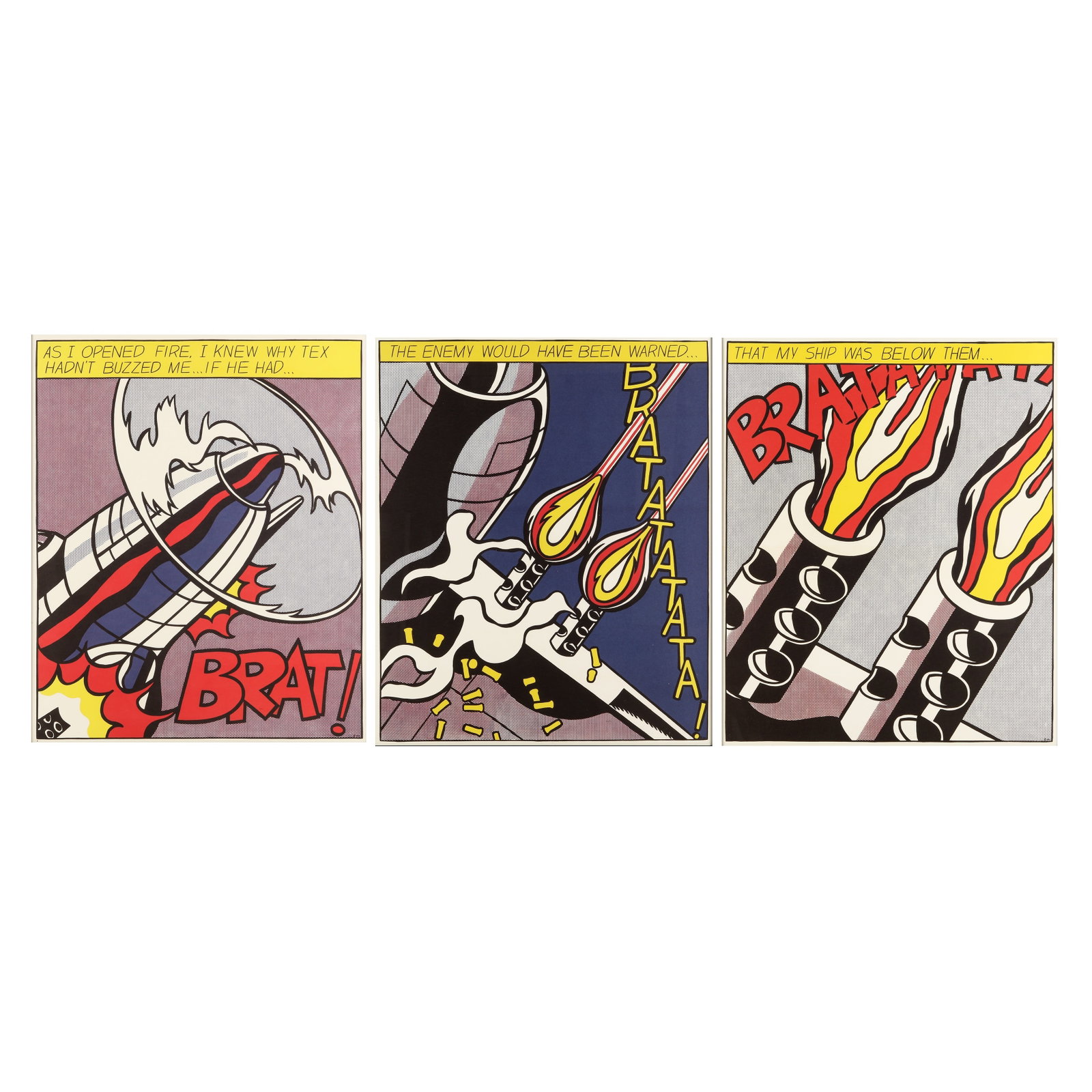After Roy Lichtenstein (American, 1923-1997) As I Opened Fire (Triptych): After Roy Lichtenstein (American, 1923-1997) As I Opened Fire (Triptych) 1997 three offset lithographs in colours on wove printed by Drukkerij Luii & Co., Amsterdam, published by Stedelijk