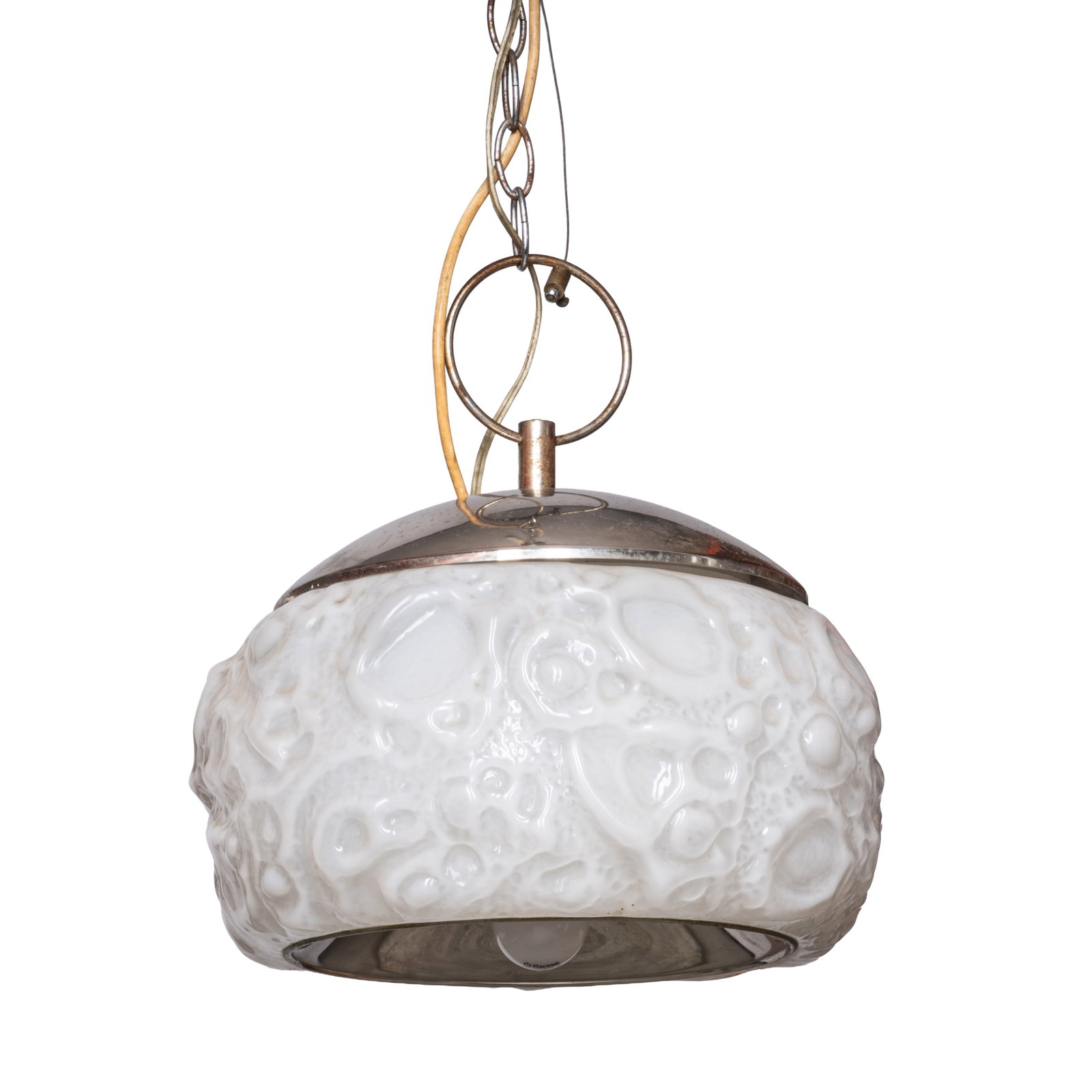 Attributed to Carlo Nason (Italian b.1935) for Mazzega 'Osso' Pendant Light: Attributed to Carlo Nason (Italian b.1935) for Mazzega 'Osso' Pendant Light Circa 1960s Opaline glass, mercury glass, chrome, Pendant 28cm high x 33cm diameter 70cm drop Preview: By Appointment