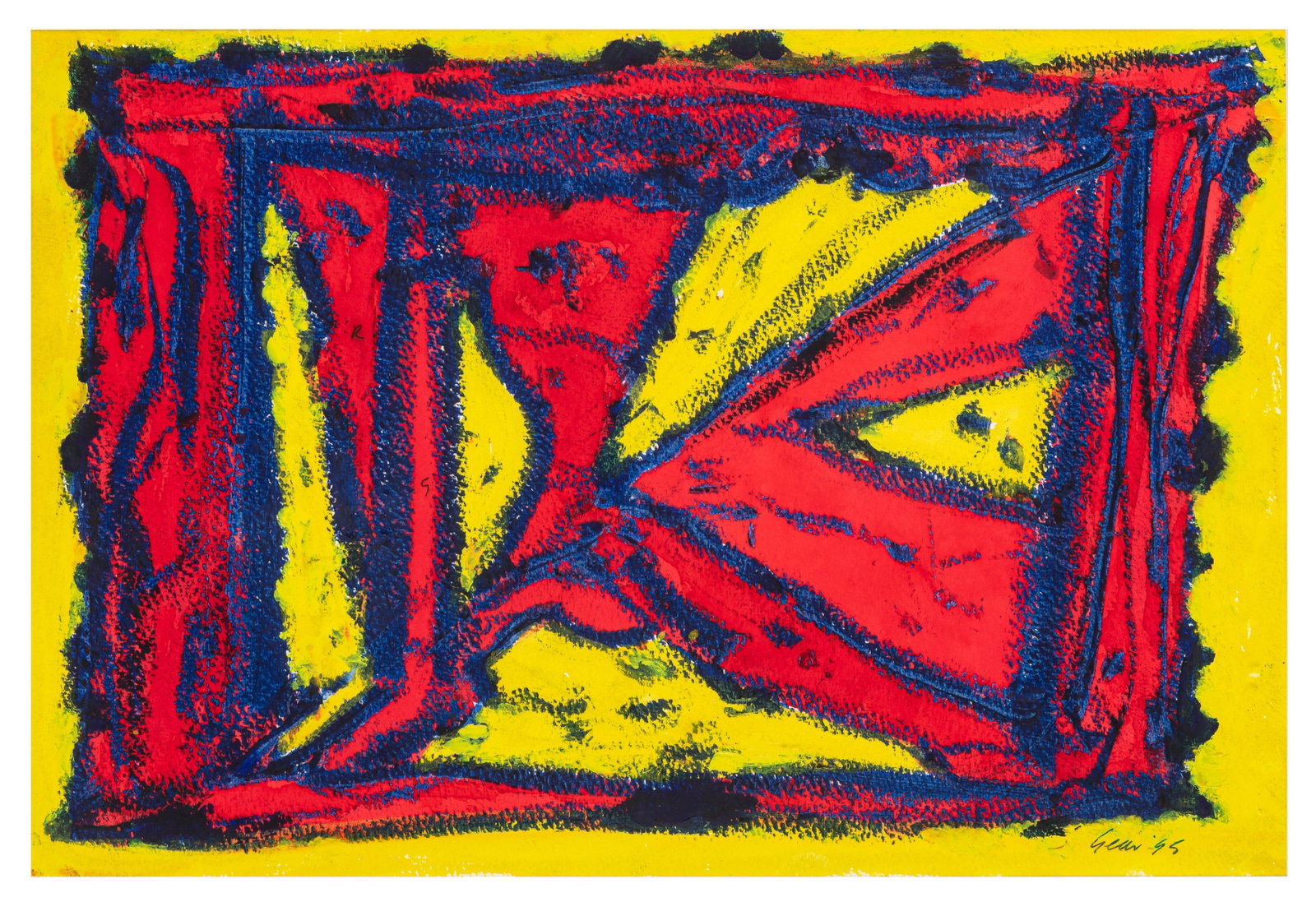 § William Gear R.A. (British, 1915-1997) Red Curtain: § William Gear R.A. (British, 1915-1997) Red Curtain signed and dated 'Gear 95' (lower right) mixed media on paper ARR Dimensions:27 x 40 cm. (10 5/8 x 15 3/4 in.)