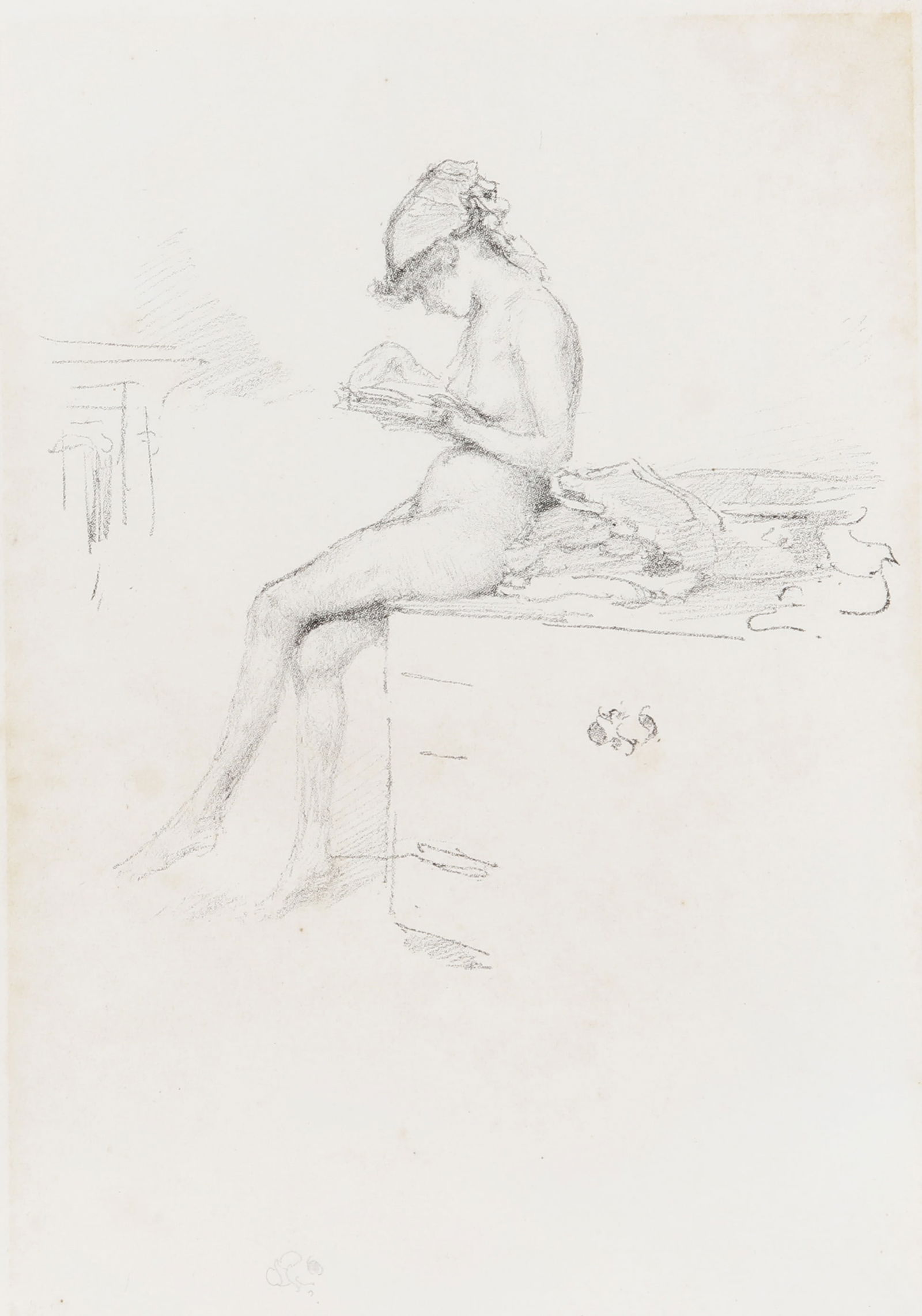 James McNeill Whistler (American, 1834-1903) The Little Nude Model, Reading [Way 1890]: 1889/90 lithograph on Pro Patria laid with butterfly monogram printed in the plate printed by Thomas Way framedimage 16.8 x 17.6cm sheet 31.7 x 20.2cm
