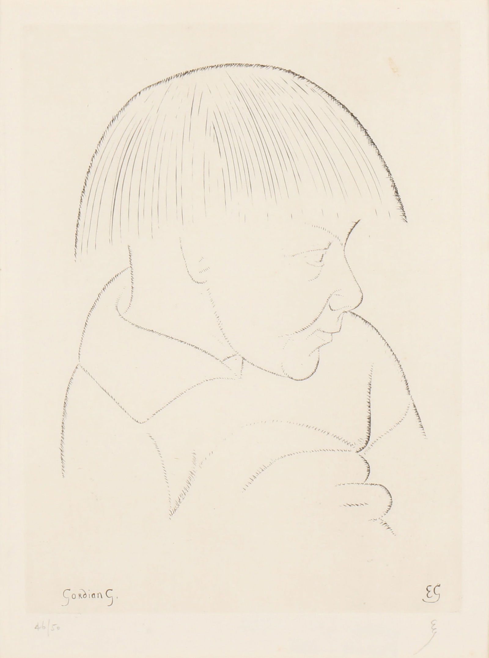 Eric Gill (British, 1882-1940) A portrait of Gordian G: 1929 initialled and numbered 46/50 in pencil wood engraving on Japan published by Douglas Cleverdon, London framed ARRDimensions: plate 20 x 16cm