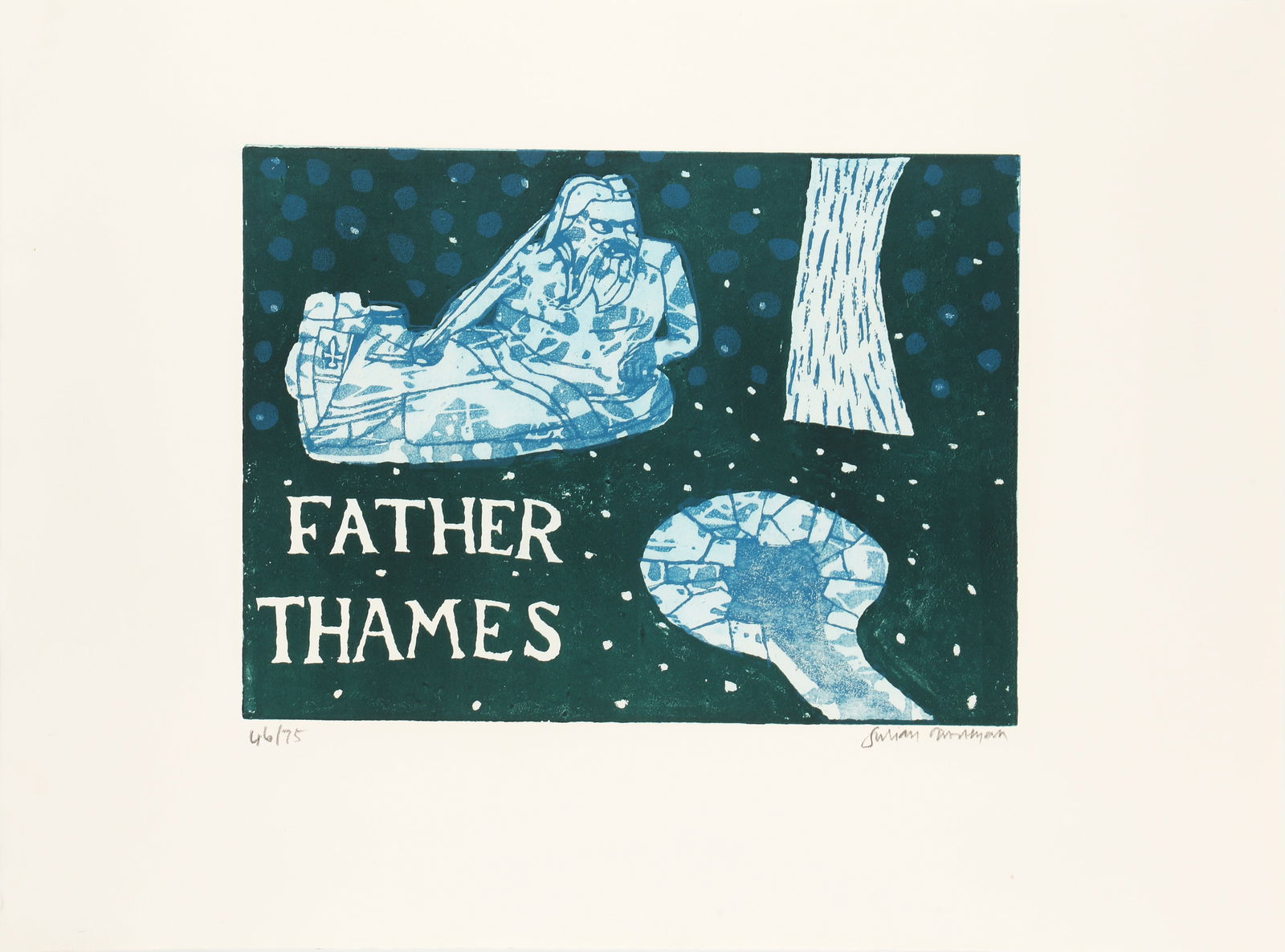 Julian Trevelyan R.A. (British, 1910-1988) Father Thames [Turner 220]: 1969 signed and numbered 46/75 in pencil etching with aquatint in colours on J. Green wove from the Thames Suite printed by Geoffrey Beardsall and Dorothea Wight, published by London Graphics, London