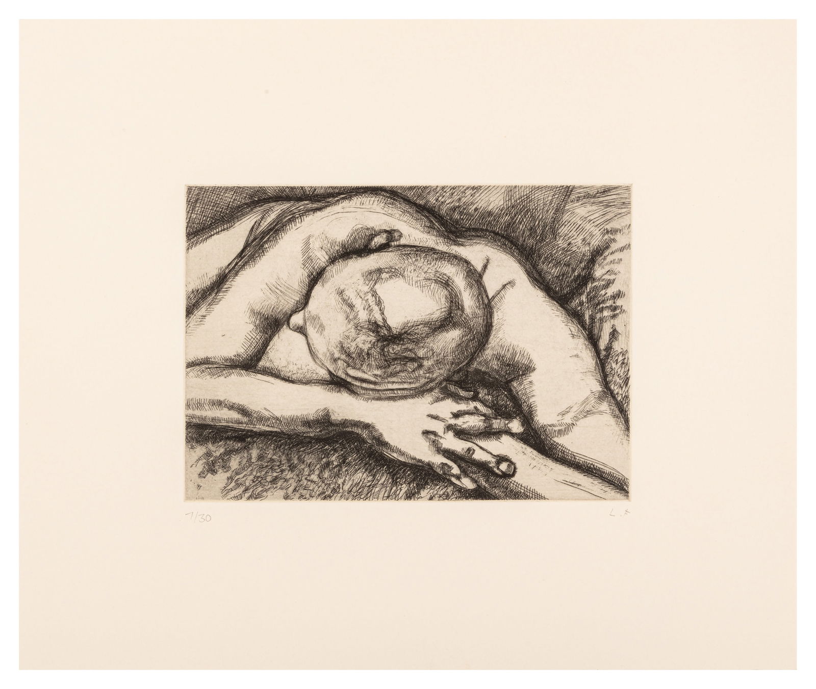 Lucian Freud O.M. C.H. (British, 1922-2011) Reclining Figure: 1994 signed and numbered 7/30 in pencil etching on wove printed by Marc Balakjian at Studio Prints, London, published by Matthew Marks Gallery, London framed ARRDimensions: plate 16.6 x 23.7cmProvenan
