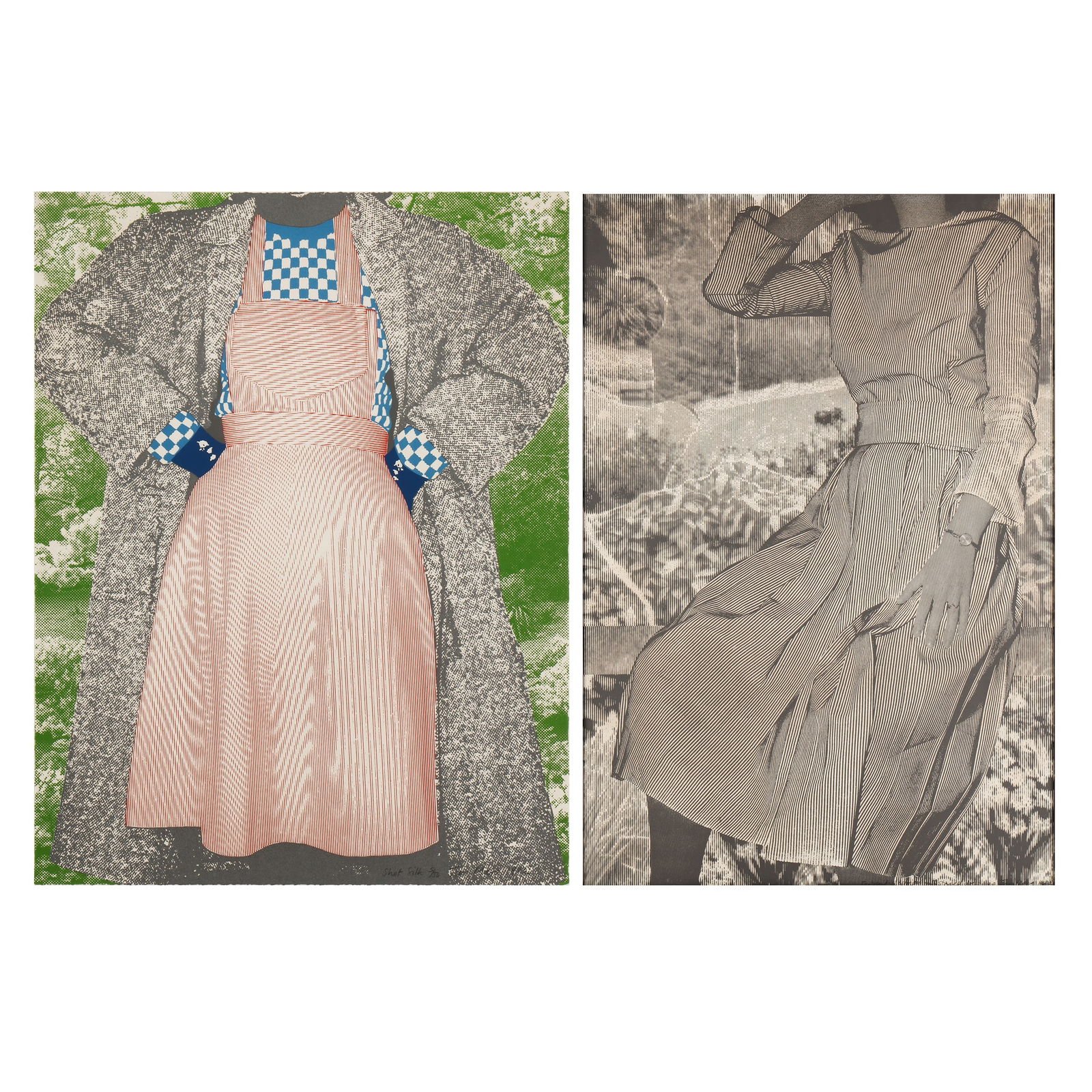 Tim Mara (Irish, 1948-1997) Shot Silk and Portrait of a Woman With Striped dress: 1992 and 1982 Each signed, dated, titled and numbered 5/50 and A.P in pencil the artist's proof aside from the edition of 25 two screenprints on wove framed ARRDimensions: largest image 90 x 62cm