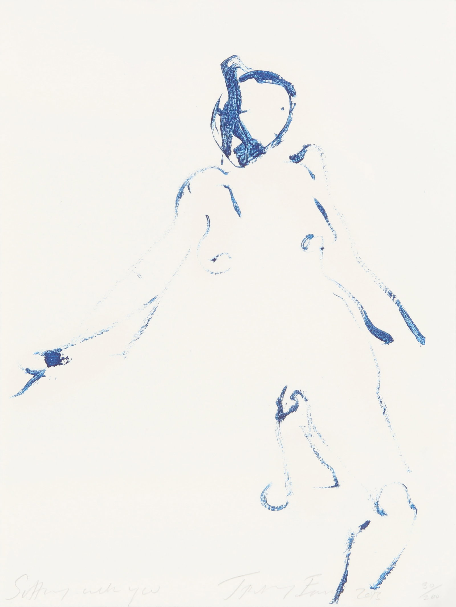 Dame Tracey Emin D.B.E. R.A. (British, b.1963) Sitting With You: 2013 signed, titled, dated and numbered 30/200 in pencil etching in blue on wove published by Counter Editions, Margate unframed ARRDimensions: sheet 30 x 22.5cm