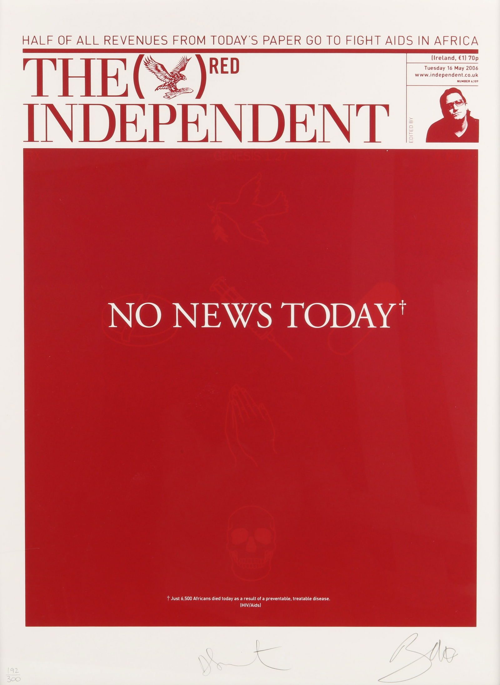 Damien Hirst (British, b.1965) No News Today: 2008 signed, countersigned by Bono and numbered 192/300 in pencil screenprint in colours on wove published by Other Criteria, London framed ARRDimensions: image 68 x 51Notes:This work was published on