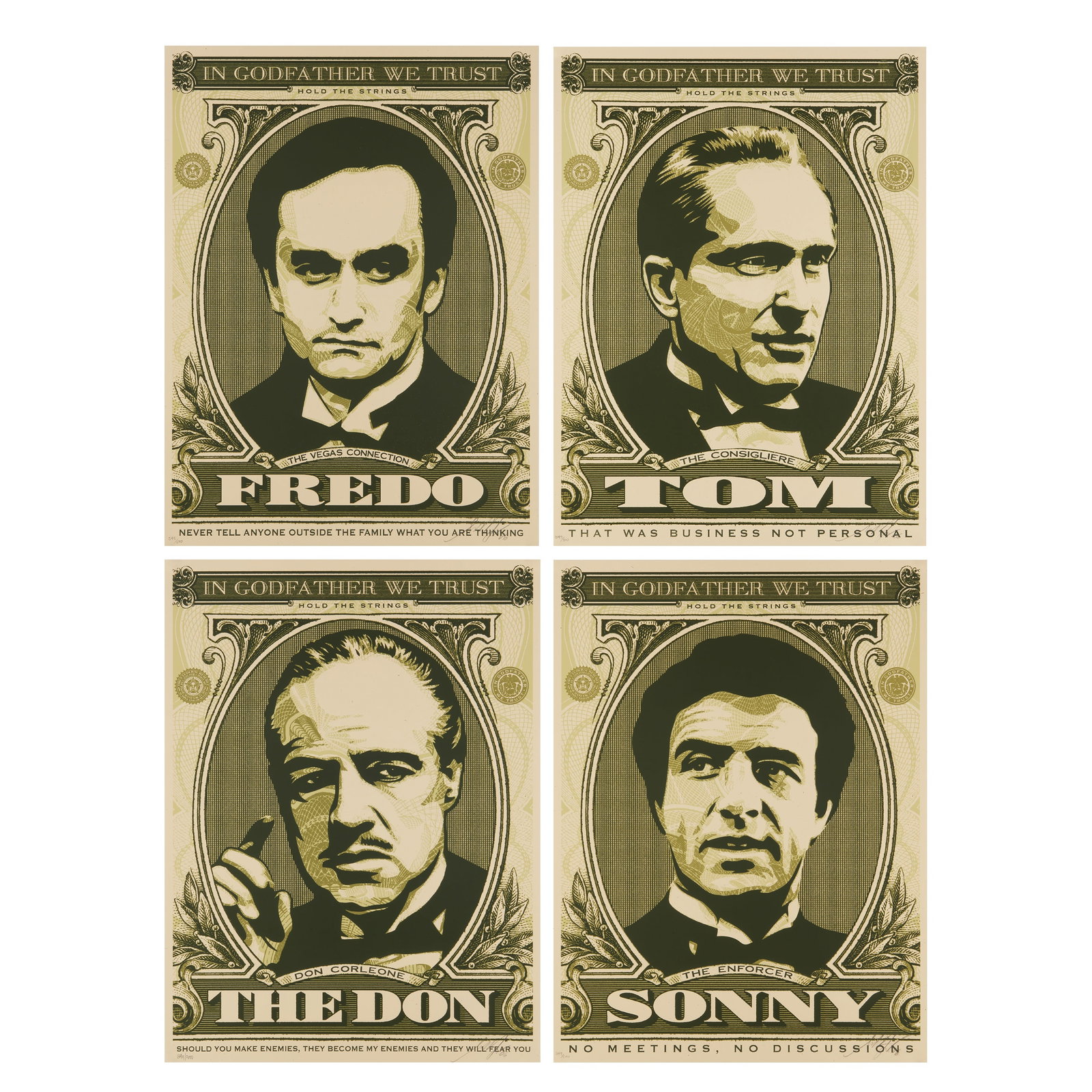 Shepard Fairey (American, b. 1970) Godfather (suite): 2006 each signed, dated and numbered 349/500 in pencil the complete suite of four screenprints in colours on cream speckletone wove published by OBEY Giant, Los Angeles unframedDimensions: each sheet