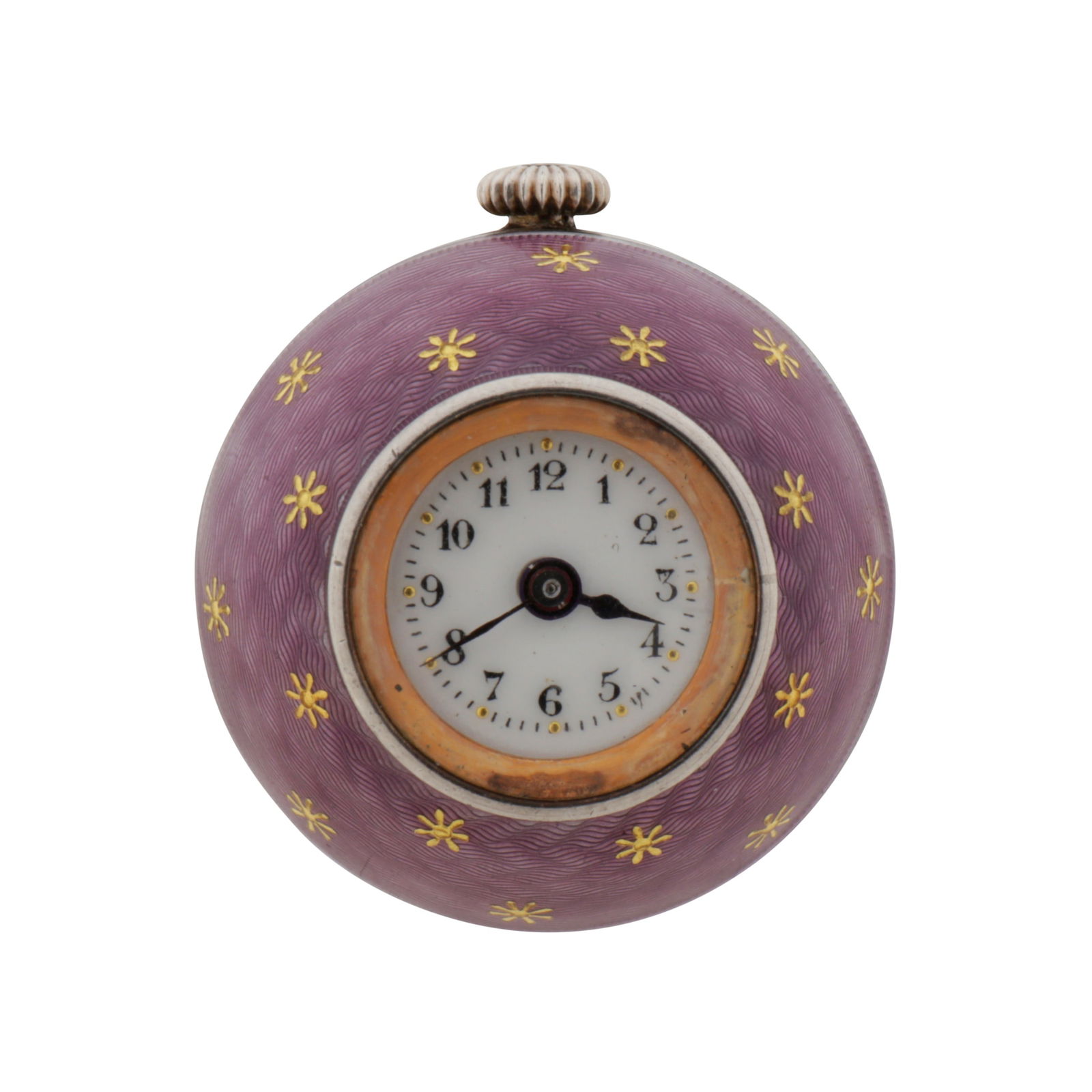 Switzerland circa 1910 by Rolex, import marks for London 1914 by Hans Wilsdorf & Alfred James Davis: Of spherical form, with levander guilloche enamel, accented with gilt stars. The white enamel dial with arabic numerals.Movement signed Rolex. Length - 2.3 cm / 0.9 inches