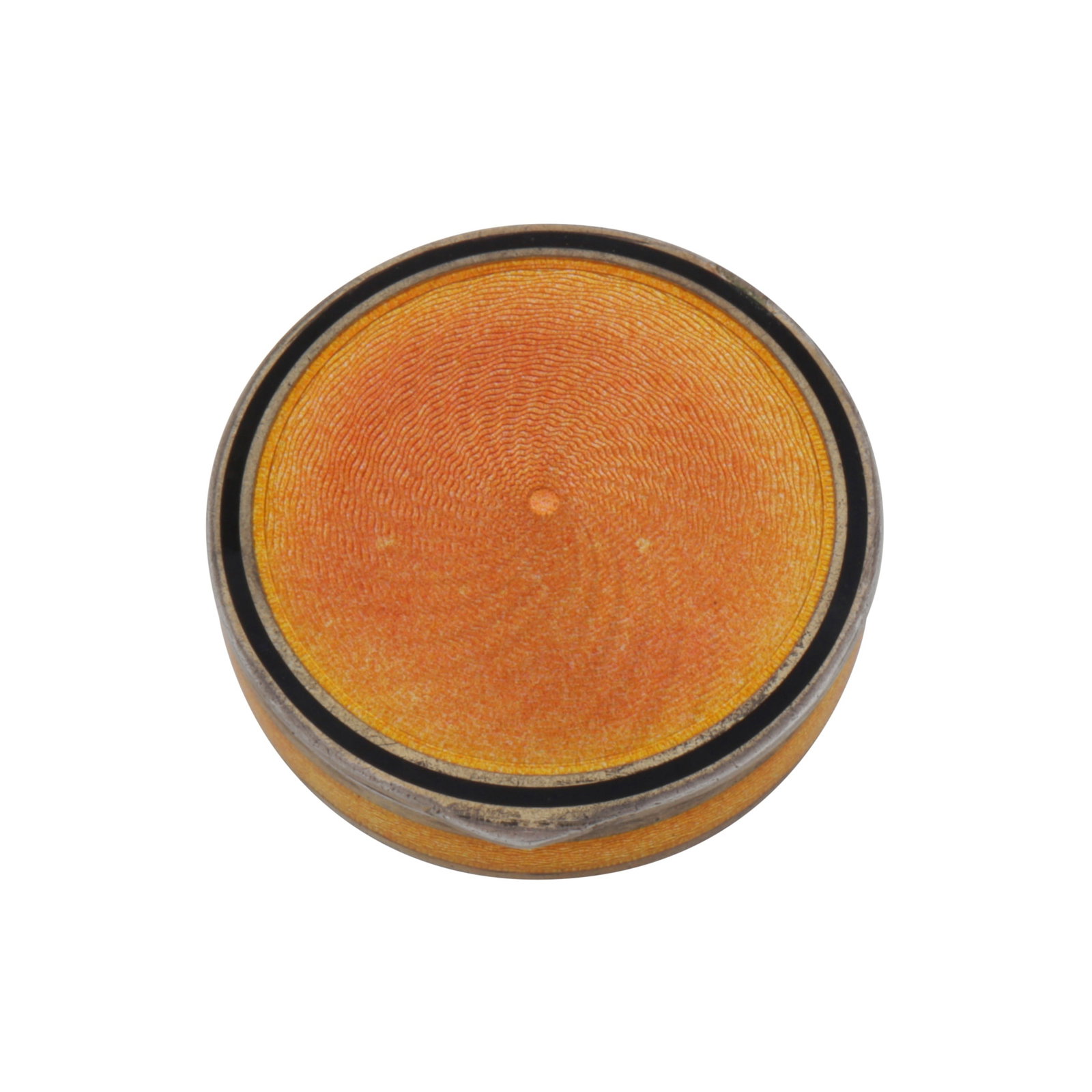France circa 1920, maker's mark obscured An early 20th century French silver and enamel compact: Of circular form with a hinged lid. The top and sides with orange guilloche enamel, reserved in a black enamel border. The underside with engine turned decoration. The gilt interior fitted with a mirr