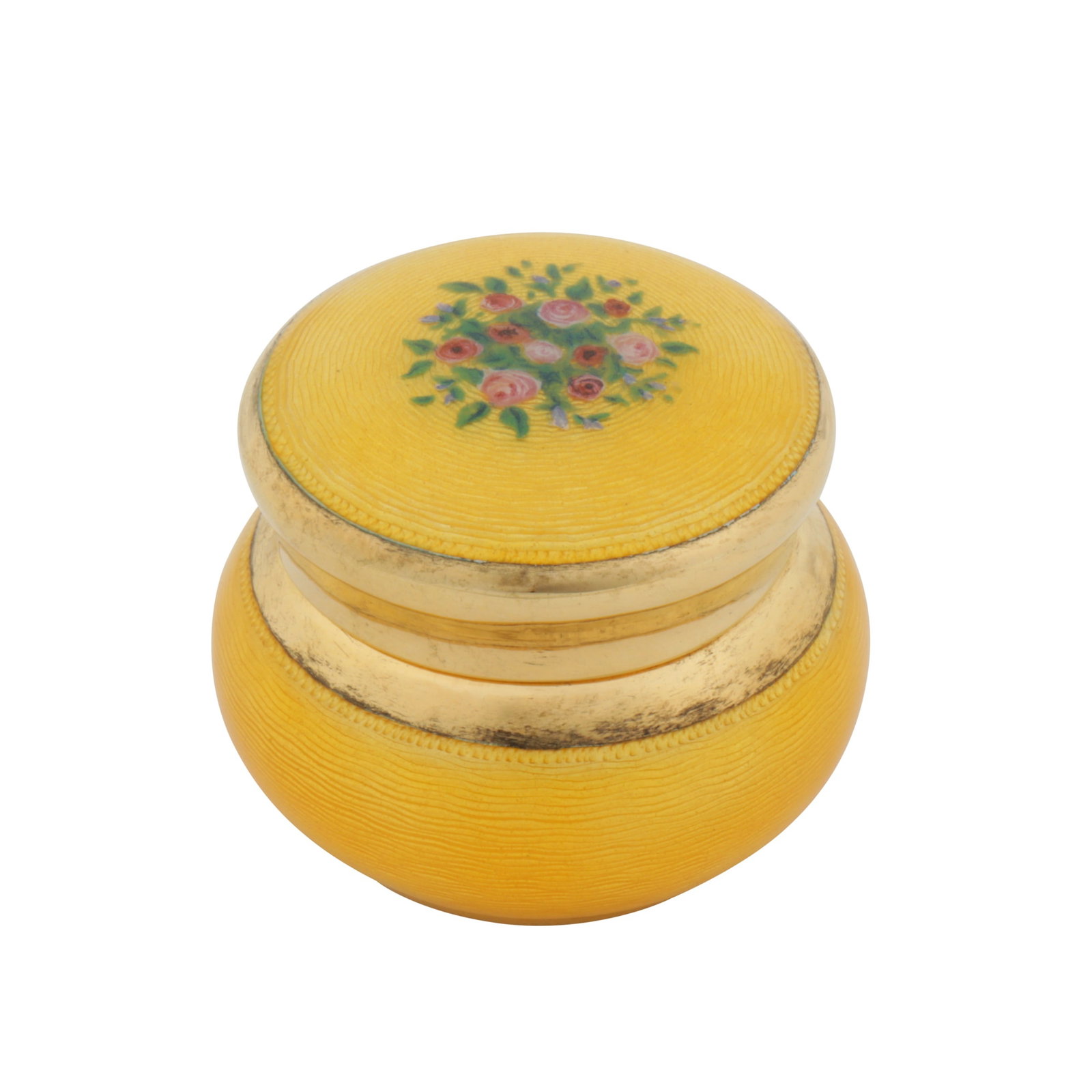 Florence circa 1980 A late 20th century Italian sterling silver gilt and guilloche enamel: Of baluster form to a hinged lid. Decorated all over with yellow guilloche enamel, the top with a bouquet of roses. Marked 925 and Italian assay mark. Diameter - 4 cm / 1.57 inches Weight - 67.8 grams