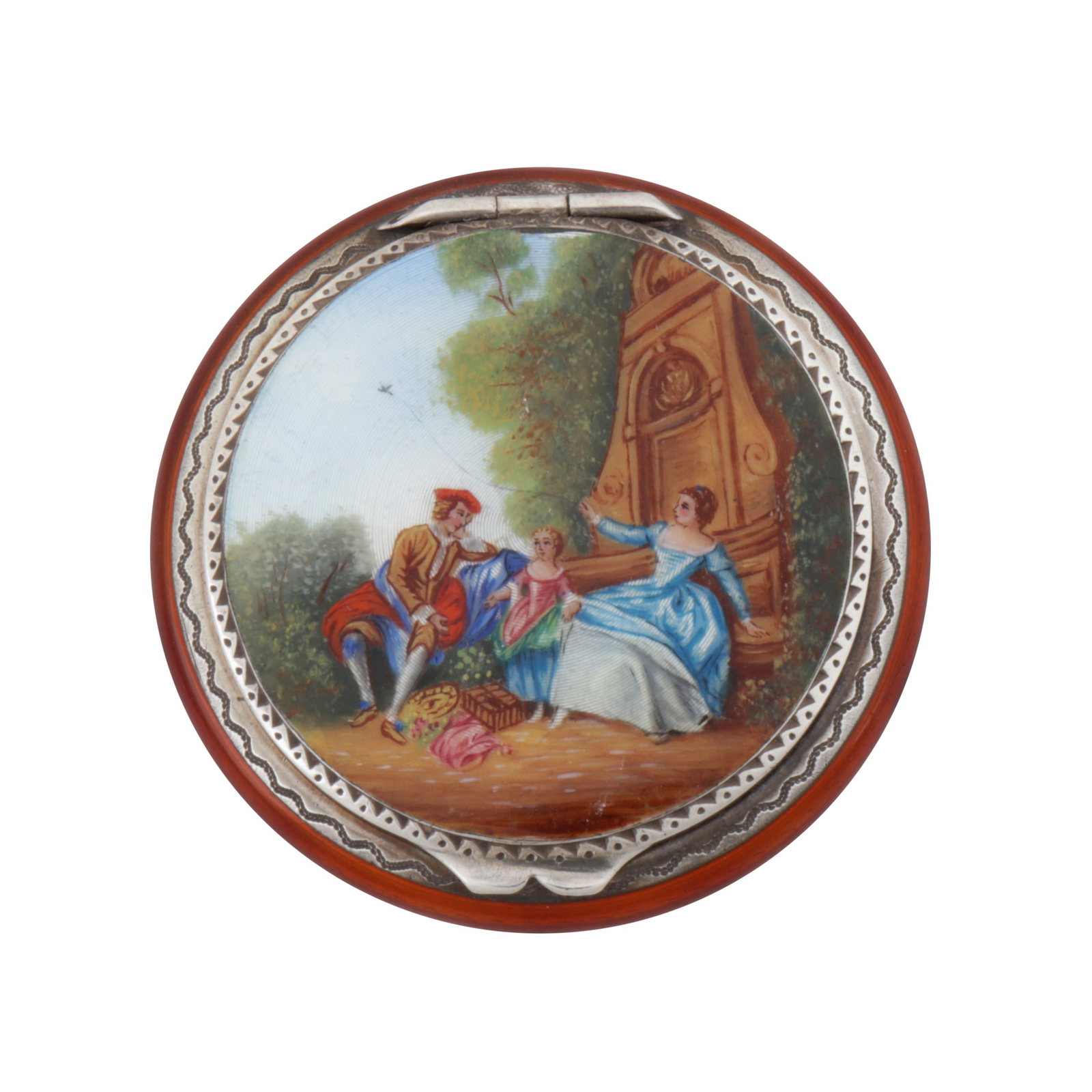 Pforzheim circa 1930 An early 20th century 935 standard and enamel compact: Of compressed circular form, with a hinged lid to a simple thumbpiece. The lid with painted with a pastoral enamel scene of a family. The sides and reverse with red guilloche enamel. The interior fitt