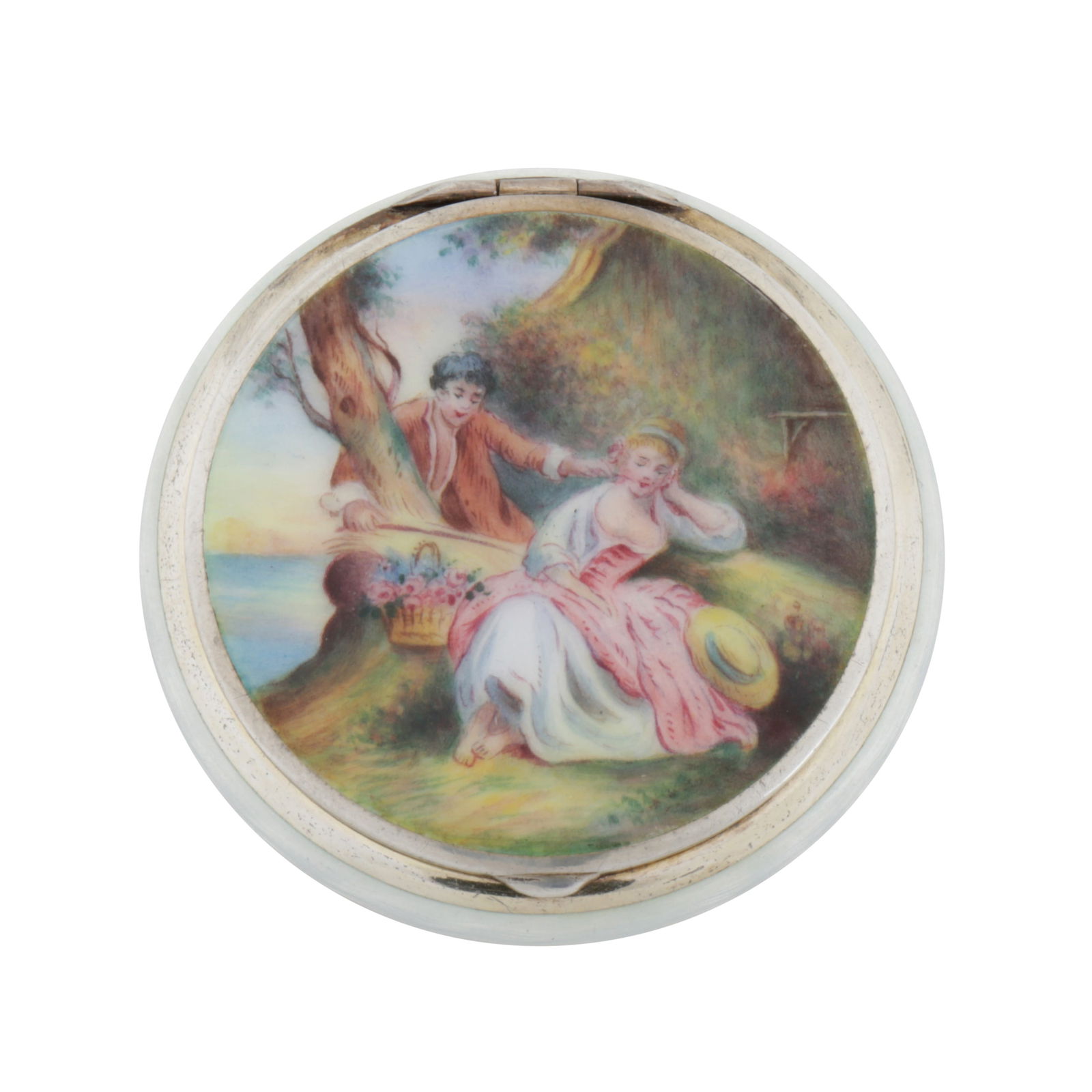 Pforzheim, circa 1930 An early 20th century sterling silver and enamel compact: Of circular form, with a hinged lid. the top with a painted enamel pastoral scene of courtship. The base with white guilloche enamel. the interior fitted with mirror and base metal powder despenser. M