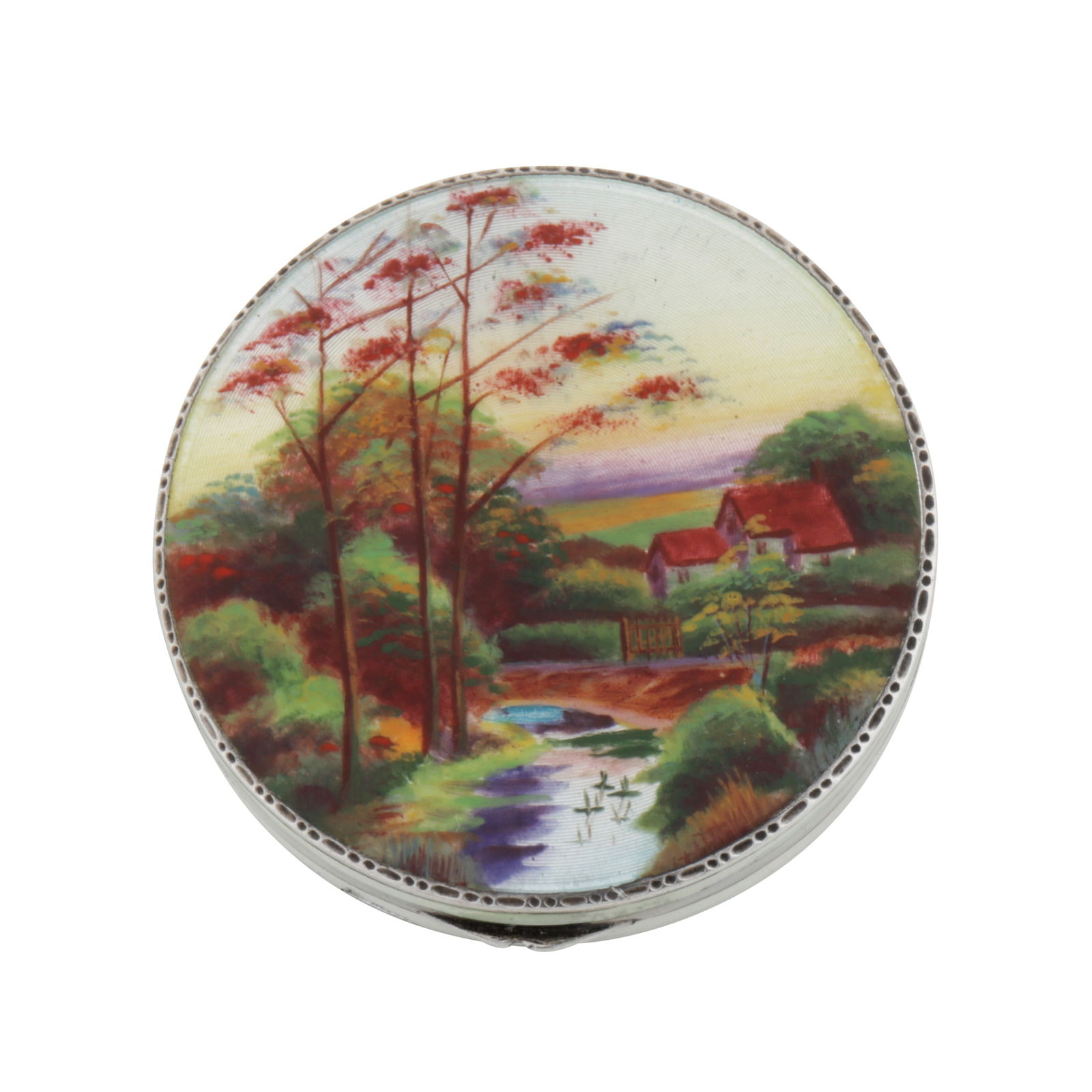Possibly Pforzheim, import marks for London 1928 by AJ (unidentified) An early 20th century German: Of circular form, with a hinged lid to simple thumbpiece. The top with guilloche enamel riverside scene with a cottage. The sides with pale green guilloche enamel. The underside with engine turn decor