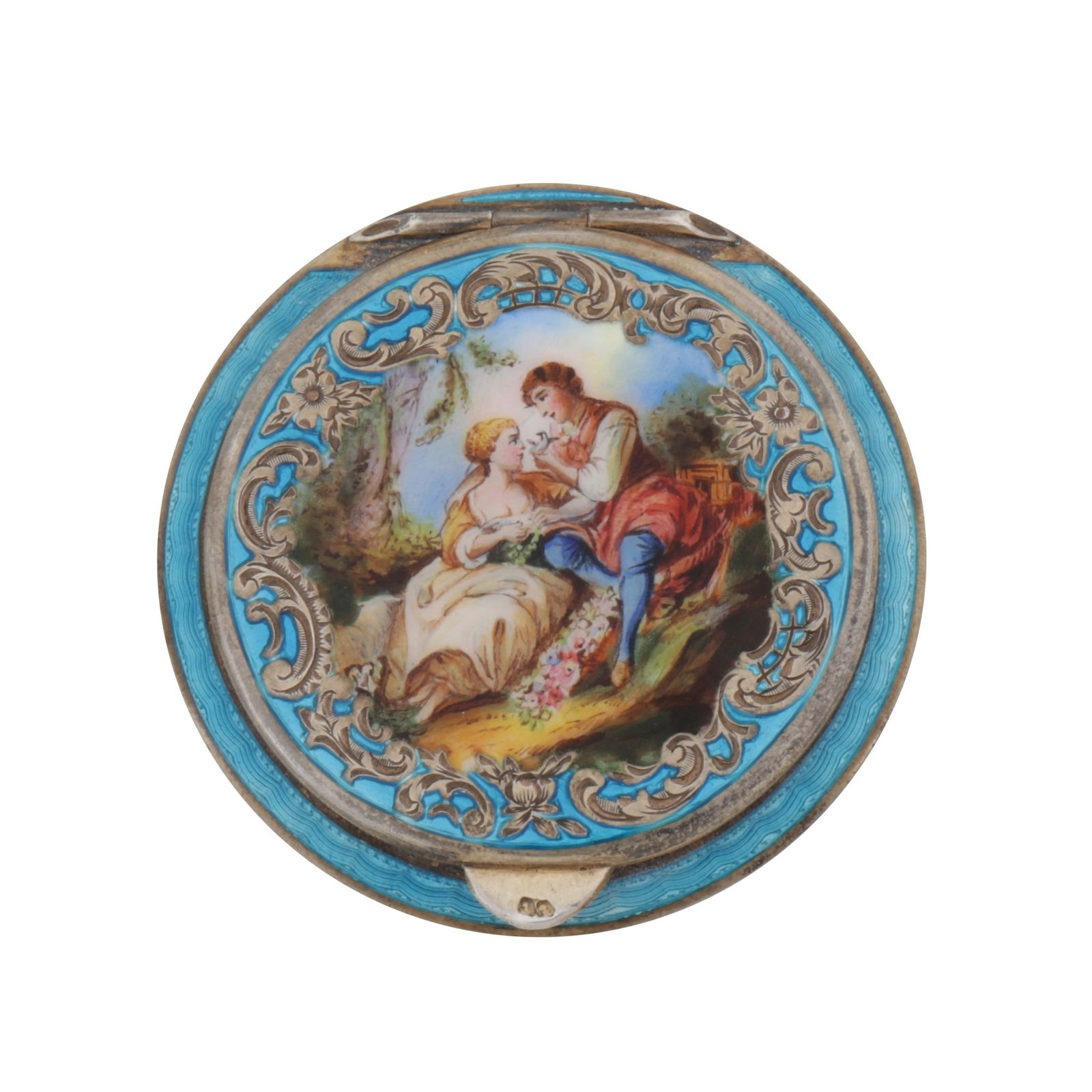 Vienna, circa 1930 by H&S (untraced) An early 20th century 935 standard and enamel compact: Of compressed circular form, with a hinged lid to s simple thumbpiece. The top with painted enamel pastoral scene of two lovers, reserved in a strapwork border of rosettes and scrolls, all around turq
