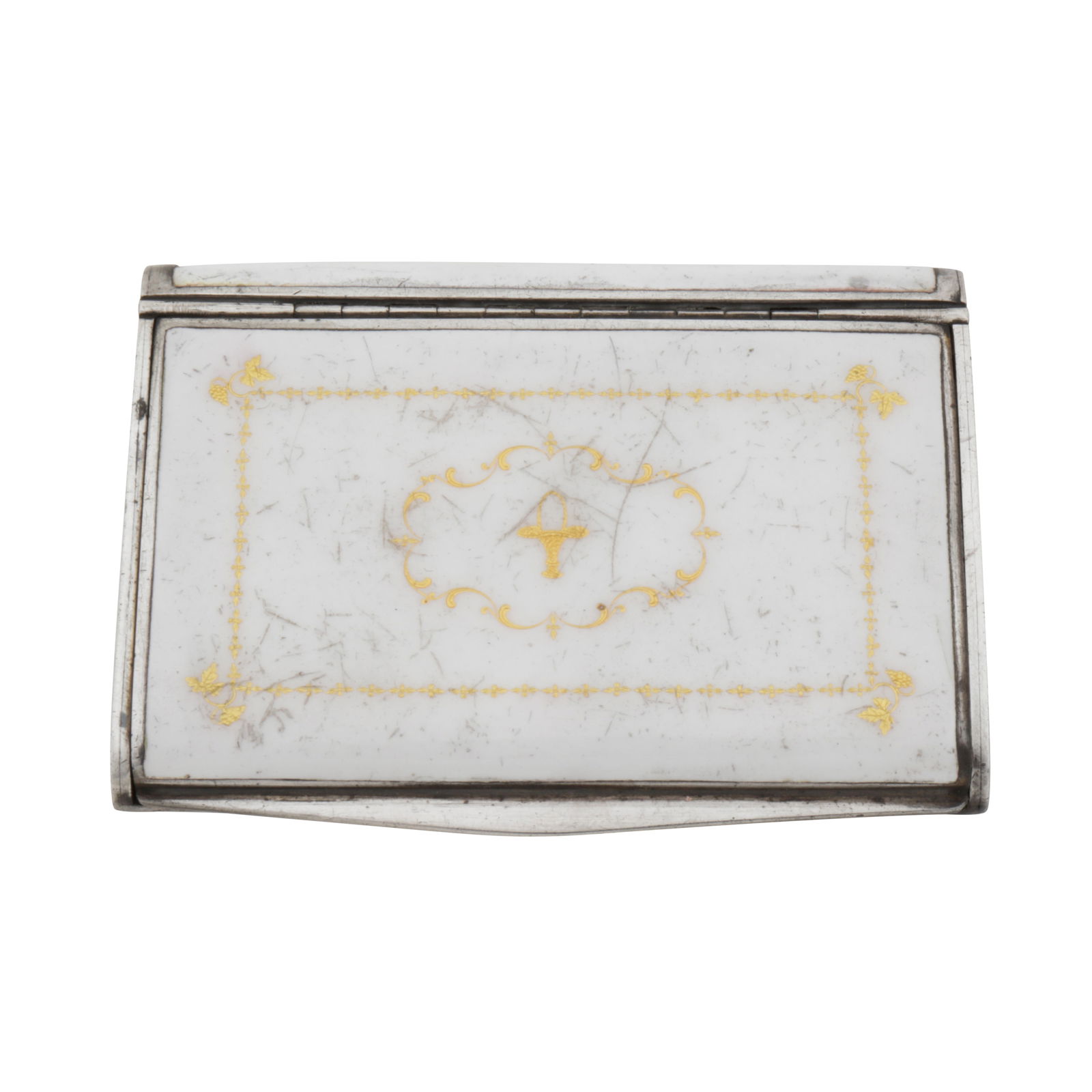Vienna circa 1910 by Hillebrand and Co (active circa 1918-21) An early 20th century Austrian 900: Of rectangular form, with a hinged lid to a simple thumbpiece.With white opaque enamel,The top decorated with gilt double border of grape vine and scrolls, centring a whicker basket. Stamped 900, Aust