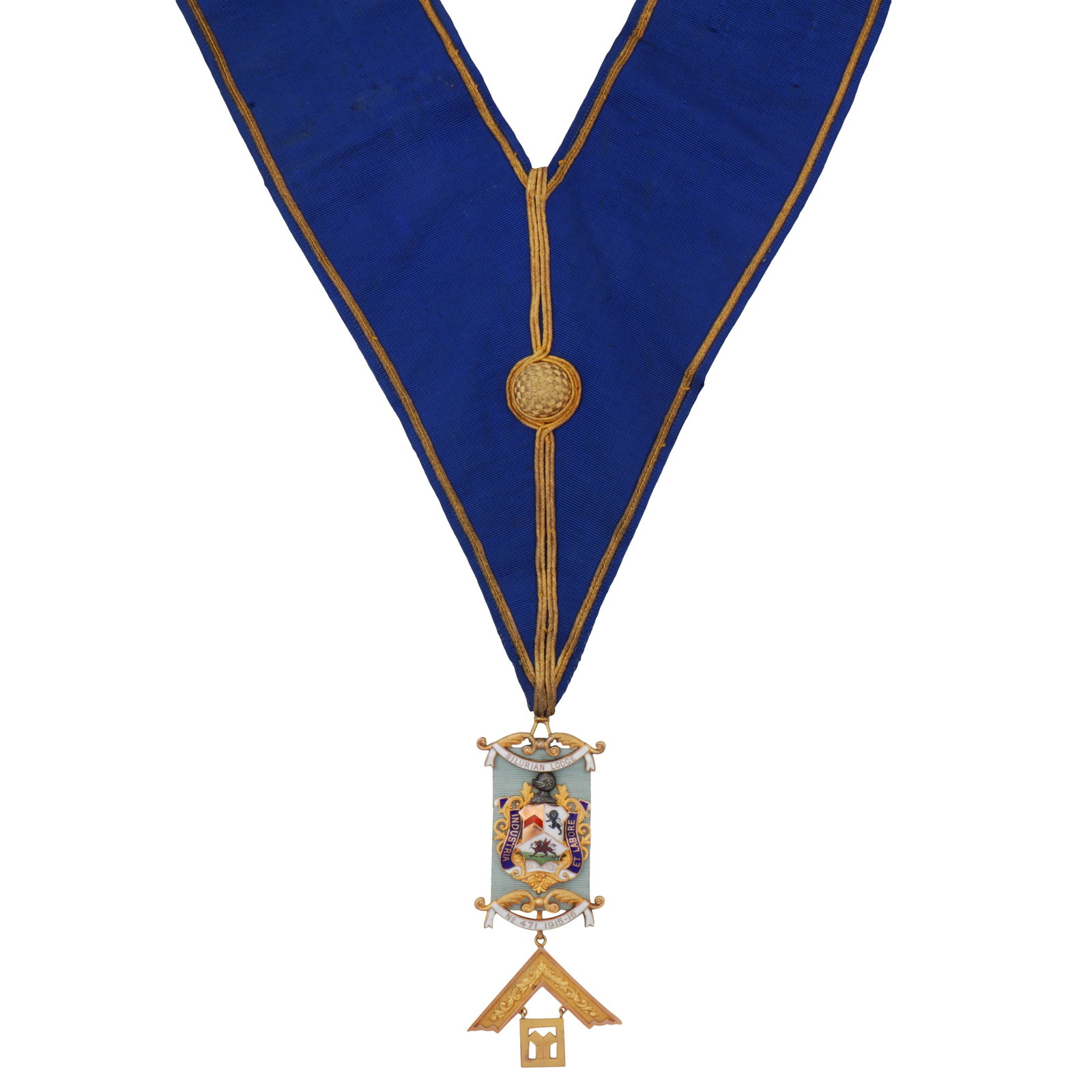 Birmingham 1915 by Spencer and Co A George V 9 carat gold and enamel masonic lodge badge: For the Silurian Lodge No 471 1915-16, detailed in enamel including the Welsh flag, all above a set square with chased foliate scrolls against a textured ground, all upon a ribbon. Fully and part-mark