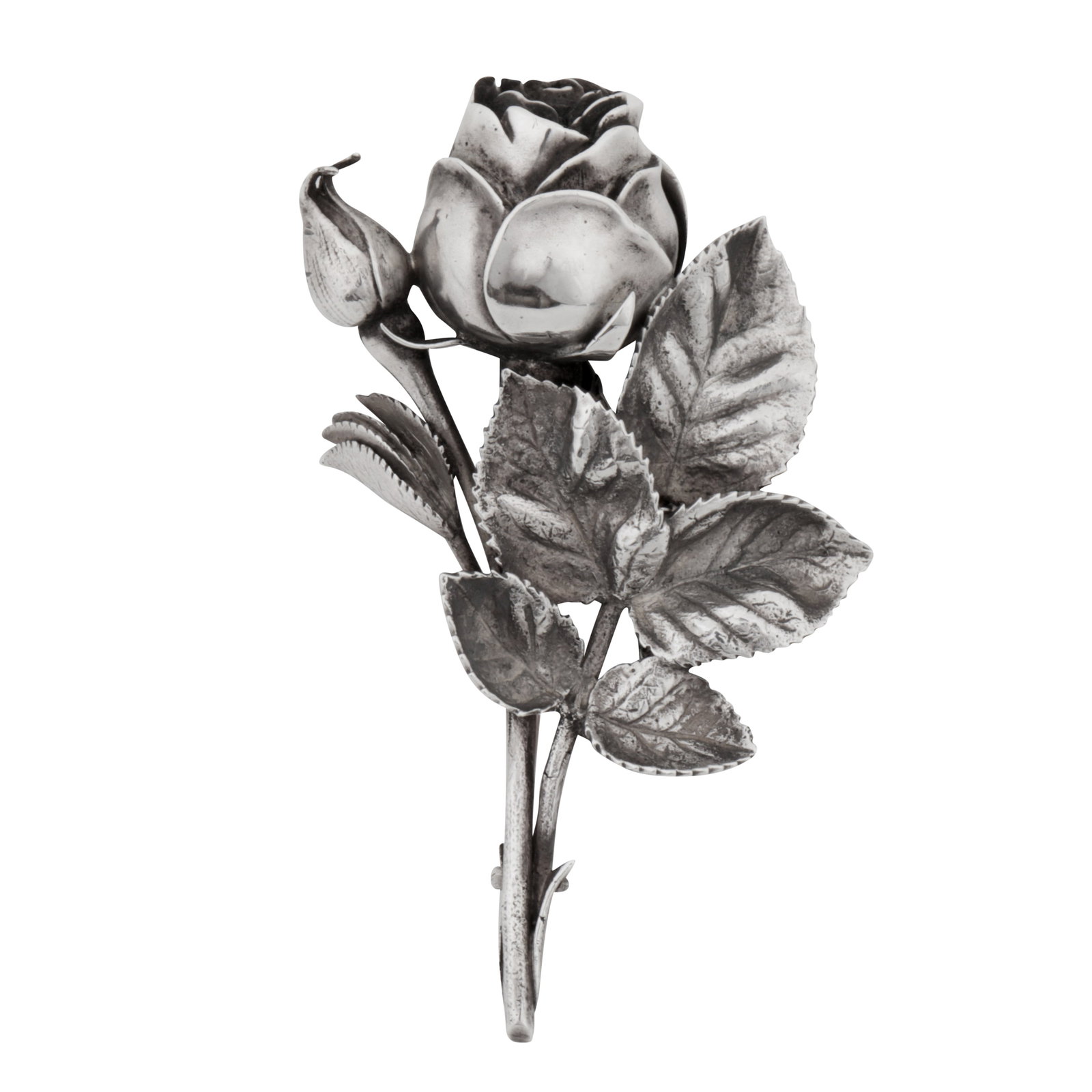 London 1880 by Edward H. Stockwell A rare Victorian sterling silver novelty vinaigrette: Modelled as a rose. The cast flower and bud with hinged lid to the top section, the top of flower drill pierced with holes. Unmarked yellow metal brooch pin. Safety chain attachment. Fully marked to s