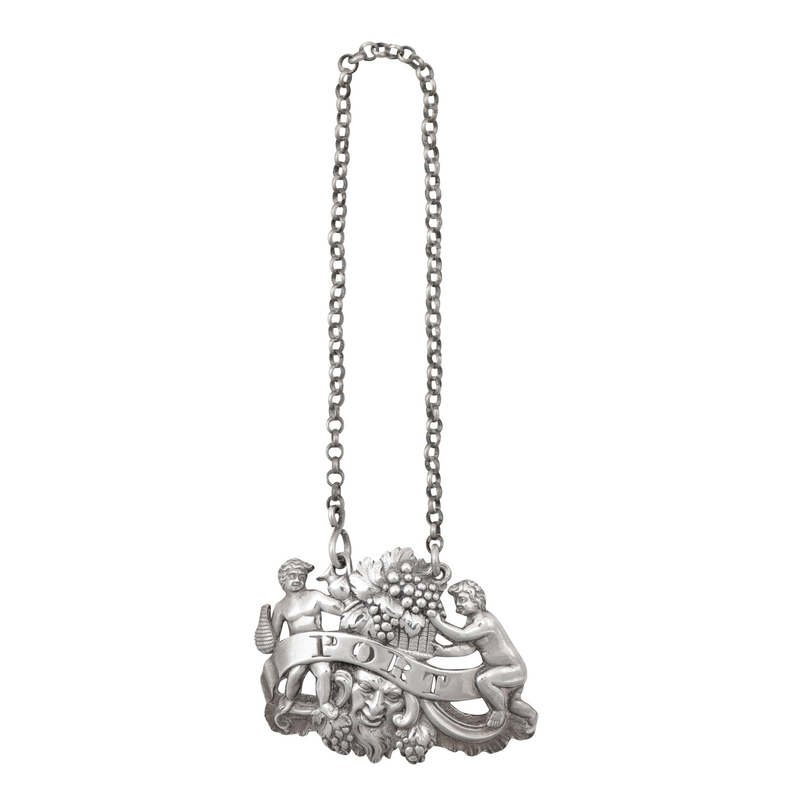 London 1812 by Thomas Phipps, Edward Robinson and James Phipps A George III sterling silver cast: Formed as bacchanalian with two putto and basket of grapes, with a Silenus mask with rocaille scrolls, pierced with PORT. Marked to reverse. Length – 6.2 cm / 2.4 inches Weight – 37 grams / 1.19 o