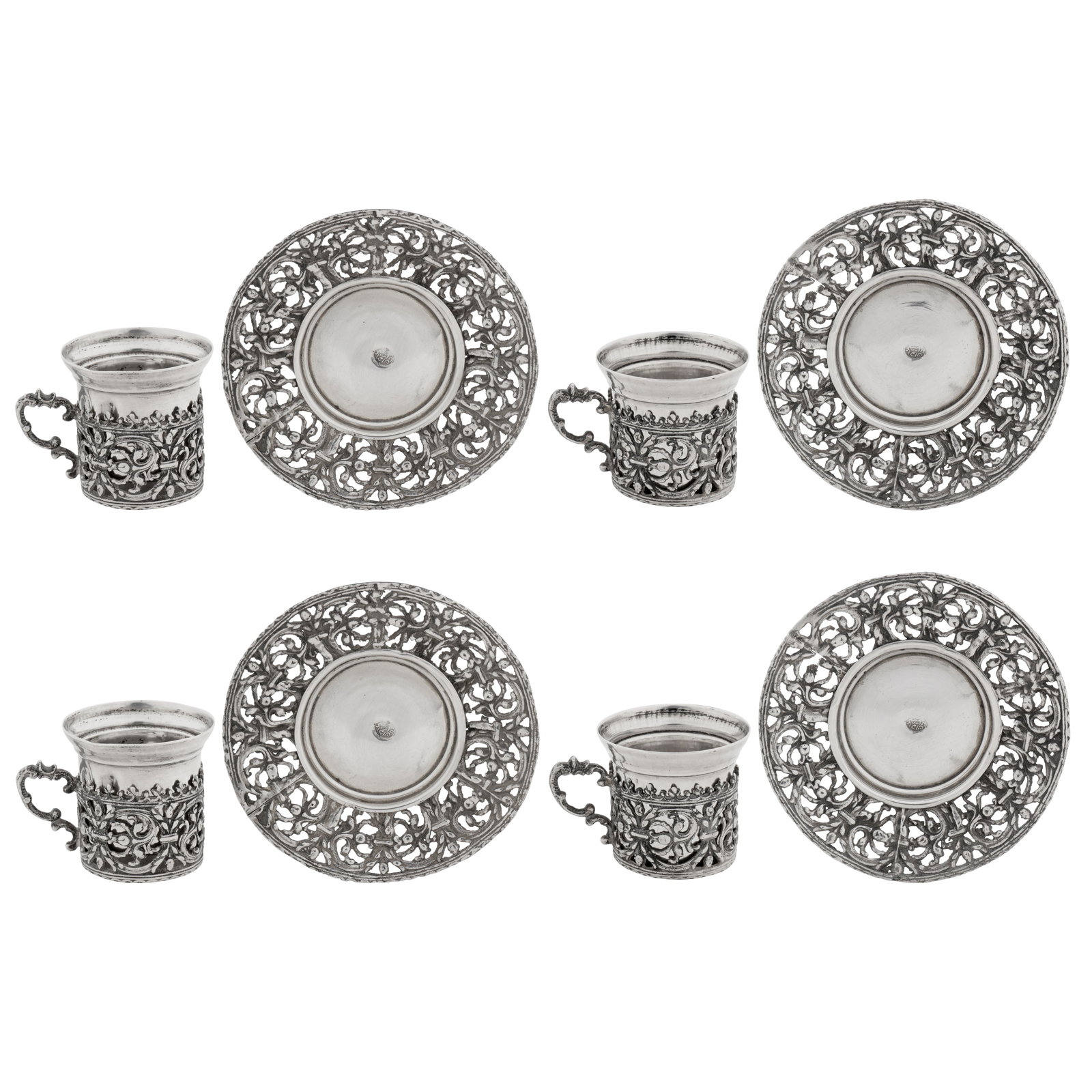 Cairo circa 1890 A set of four Egyptian 900 standard silver Turkish coffee cups and saucers (1 of 1)